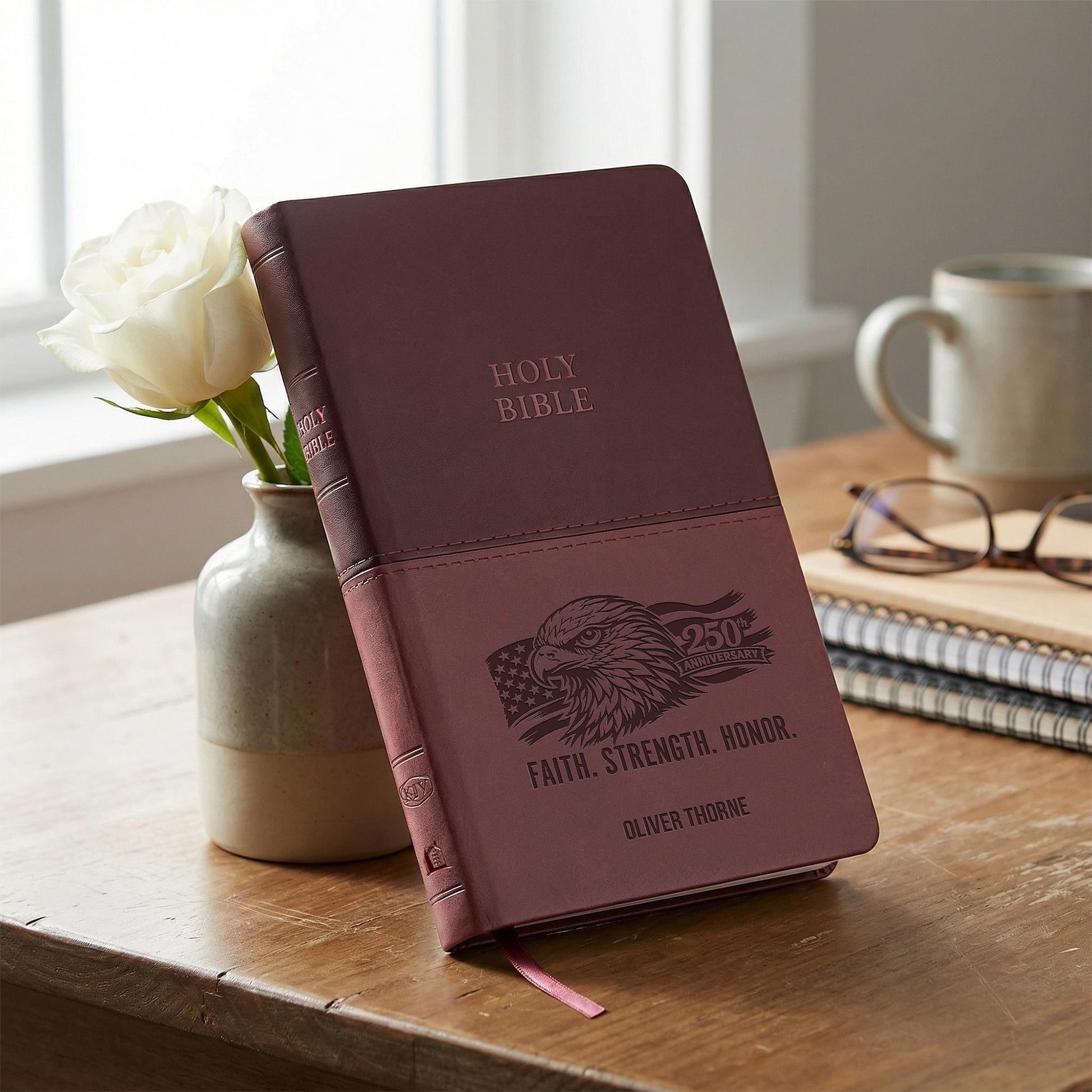 Personalized KJV Bible Brown Thinline - Eagle and American 250th Anniversary Flag - Red Letter