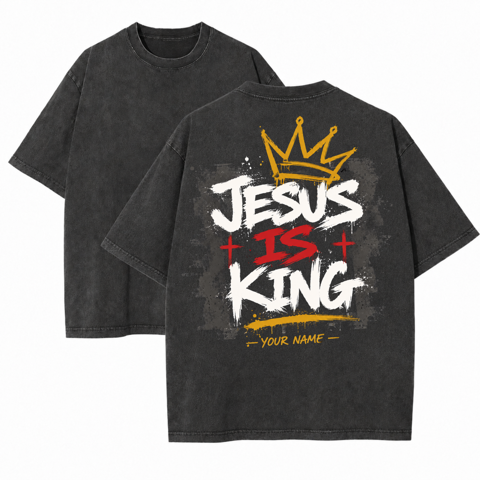 Custom Christian Shirt, Jesus is King II Acid Washed Graphic Tee with Name Number