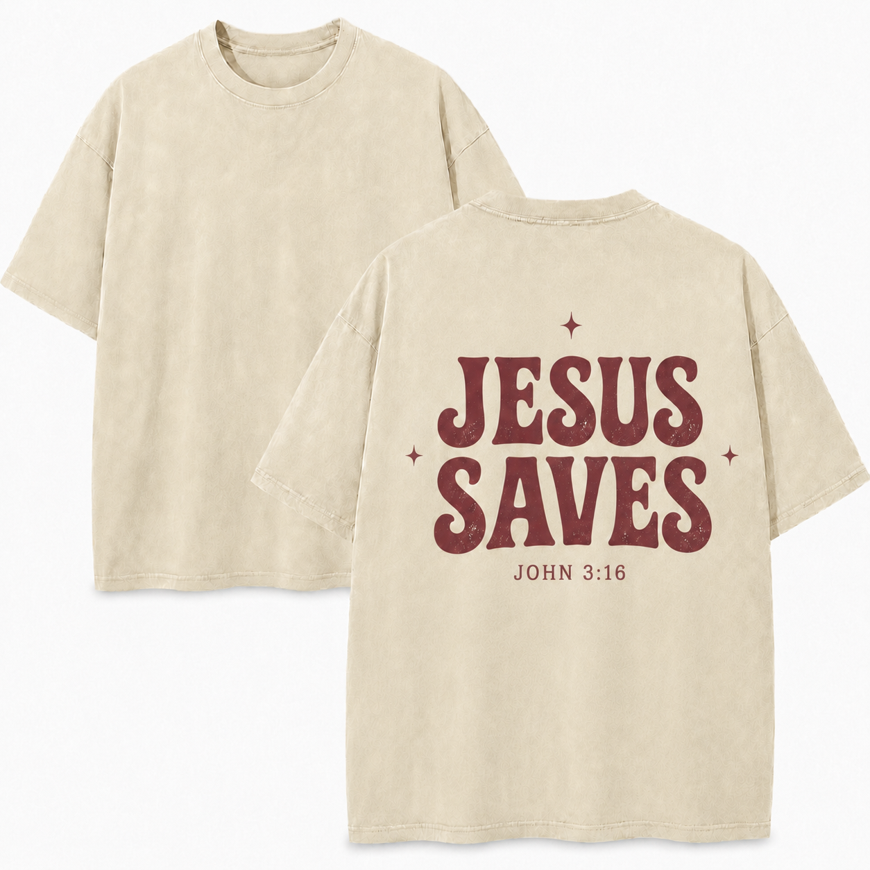 Sand Color Jesus Saves Washed T-Shirt - Vintage Wash Unisex Tee, Christian Faith Graphic Tshirt