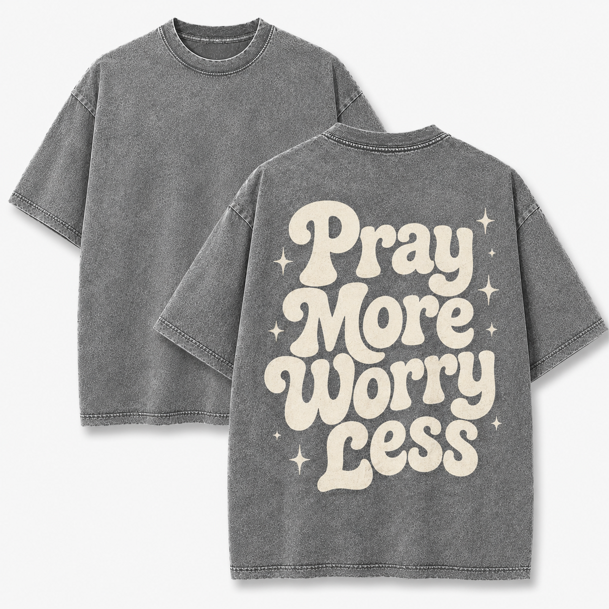 Pray More Worry Less Washed T-Shirt - Vintage Wash Unisex Tee, Christian Faith Graphic Tshirt