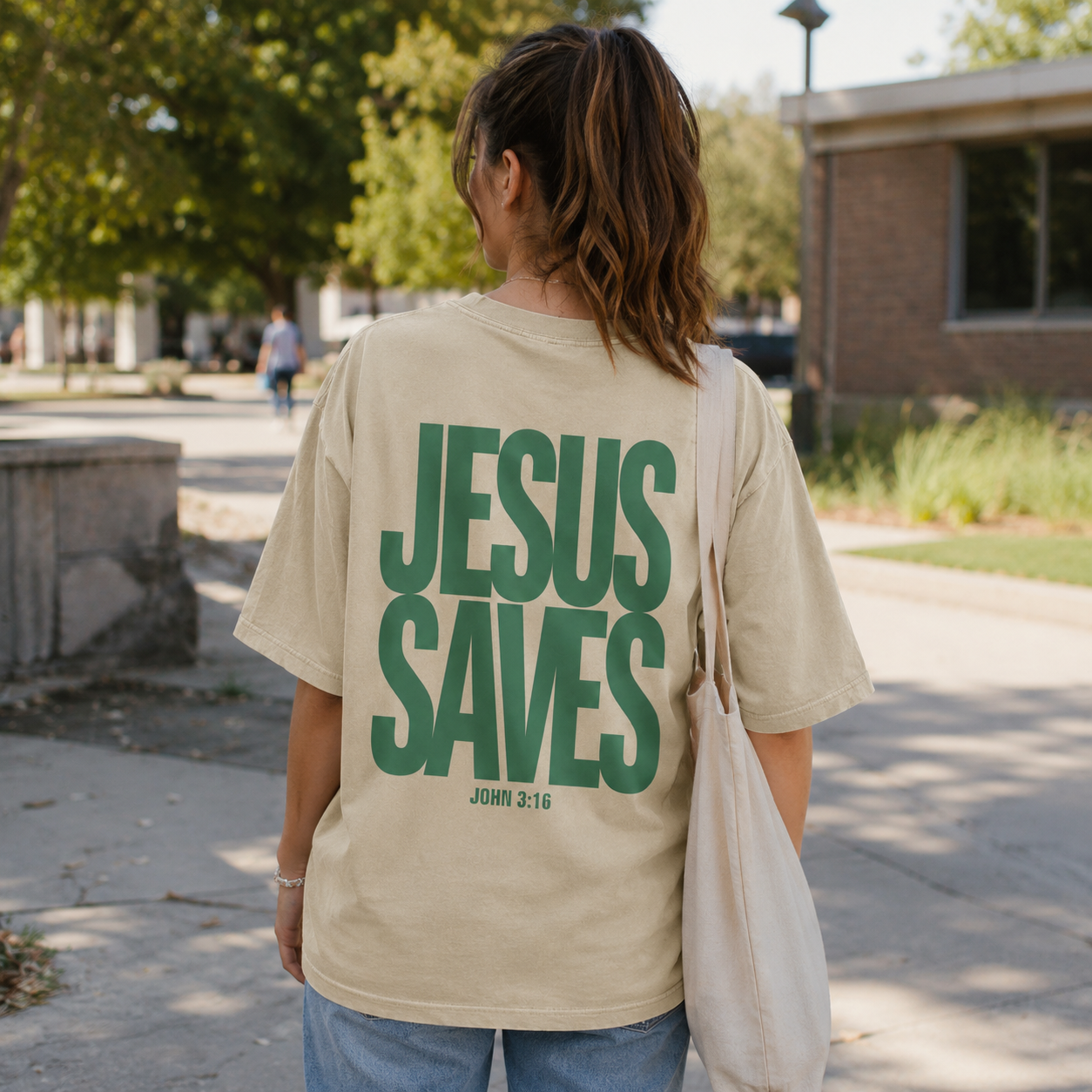 Sand & Green Jesus Saves Washed T-Shirt - Vintage Wash Unisex Tee, Christian Faith Graphic Tshirt