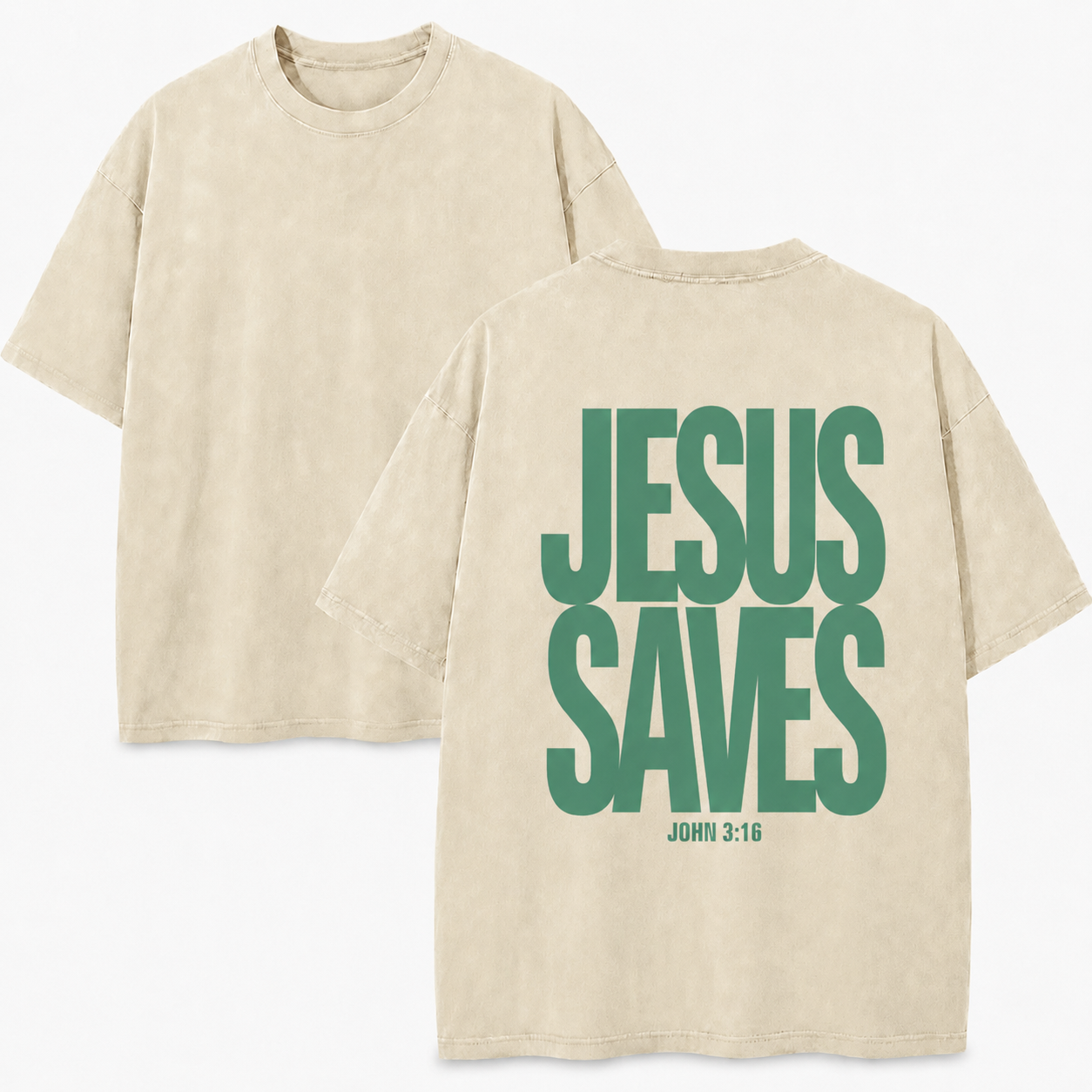 Sand & Green Jesus Saves Washed T-Shirt - Vintage Wash Unisex Tee, Christian Faith Graphic Tshirt