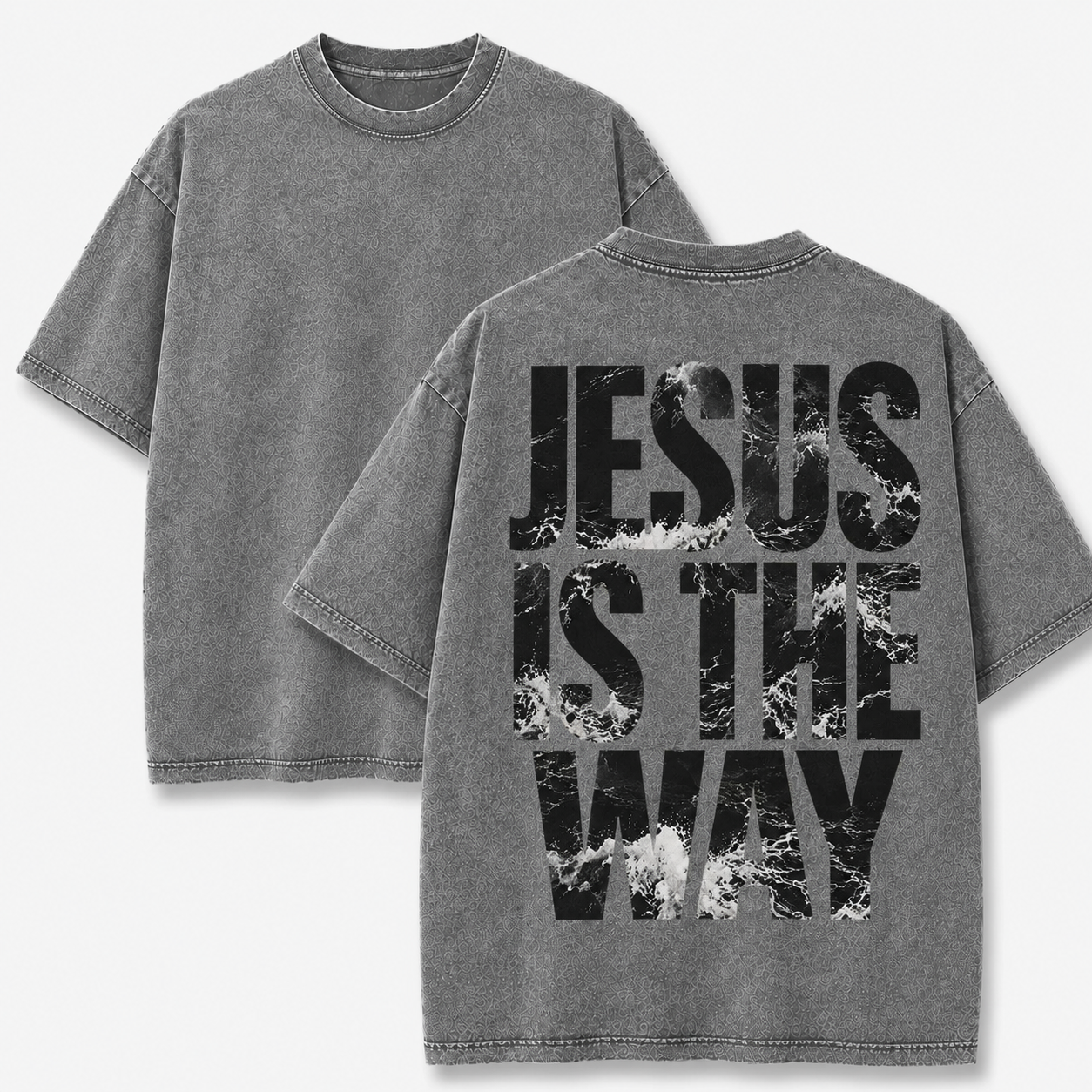 Gray washed t-shirt with a black ocean wave Jesus Is The Way back print