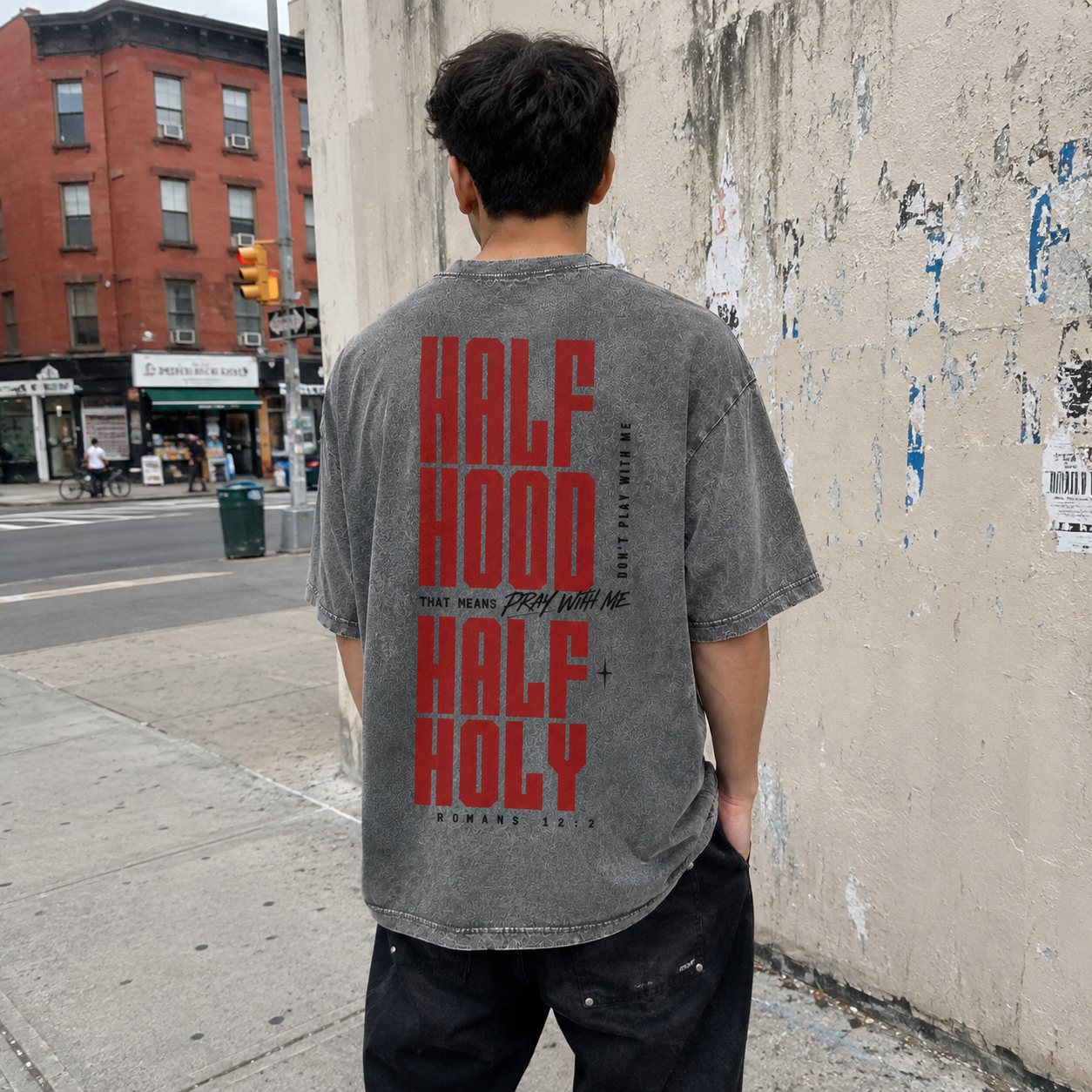 Half Hood, Half Holy Washed T-Shirt - Vintage Wash Unisex Tee, Christian Faith Graphic Tshirt