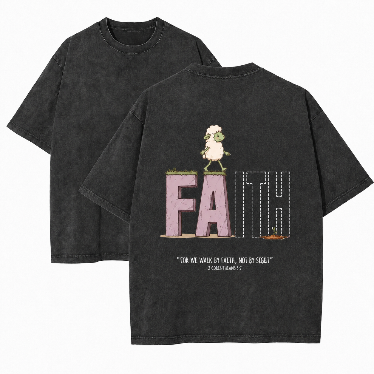 Faith and Sheep Washed T-Shirt - Vintage Wash Unisex Tee, Christian Faith Graphic Tshirt