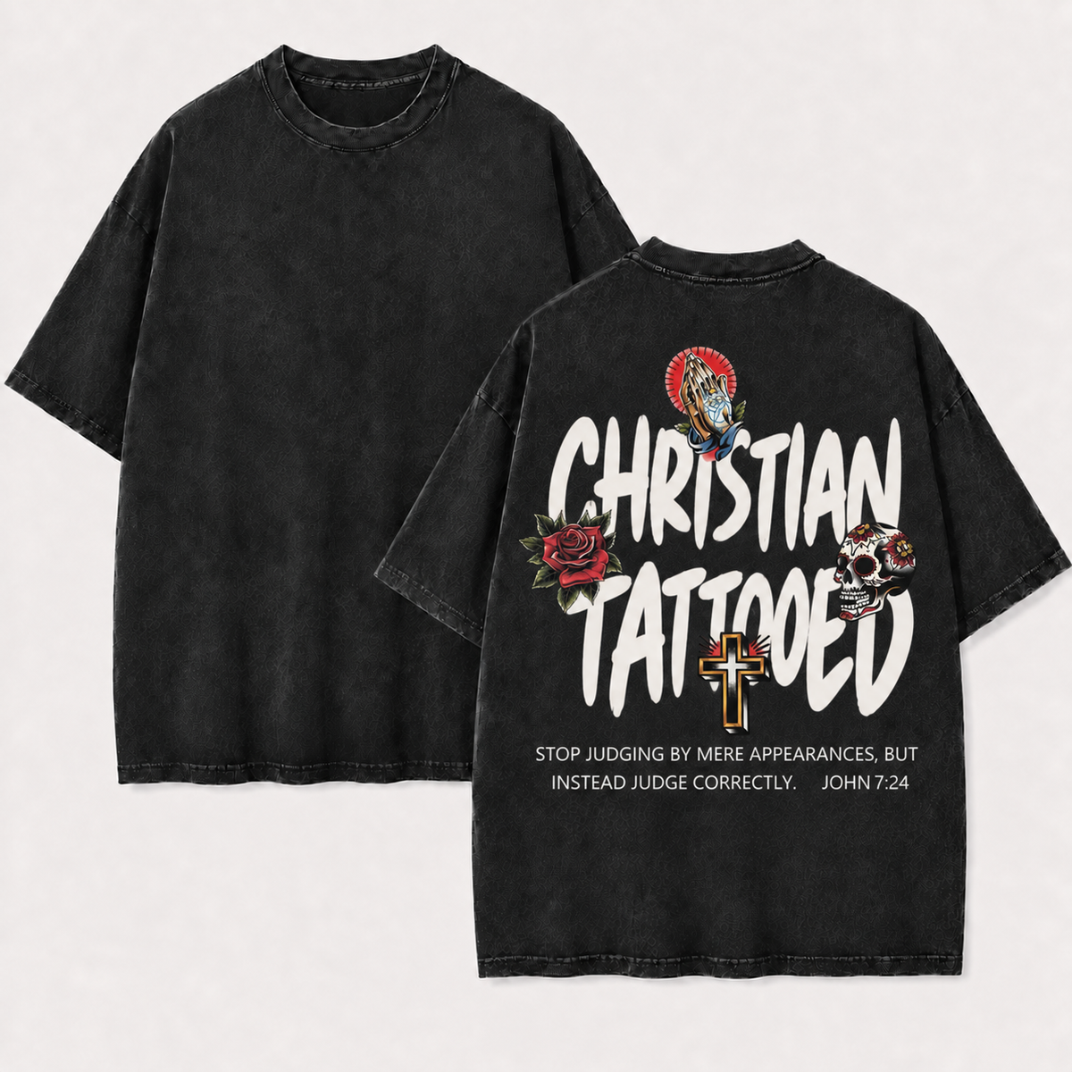 Christian Tattooed T-Shirt - Vintage Wash Unisex Tee, John 7:24 Christian Faith Graphic Shirt
