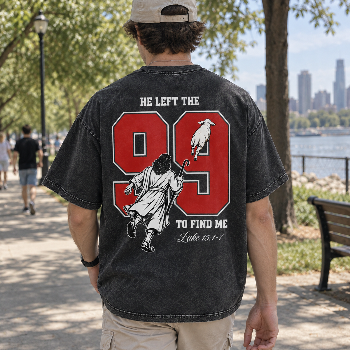 He Left the 99 to Find Me T-Shirt - Vintage Wash Unisex Tee, Luke 15 Christian Faith Graphic Shirt