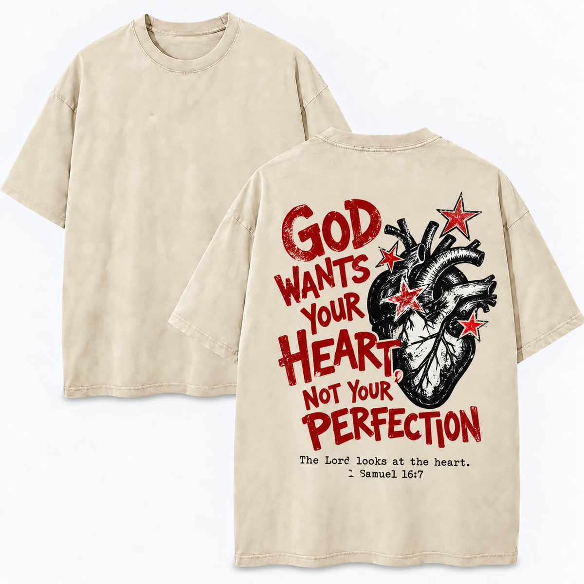 God Wants Your Heart Not Your Perfection T-Shirt - Vintage Wash Unisex Tee, 1 Samuel 16:7 Christian Faith Shirt