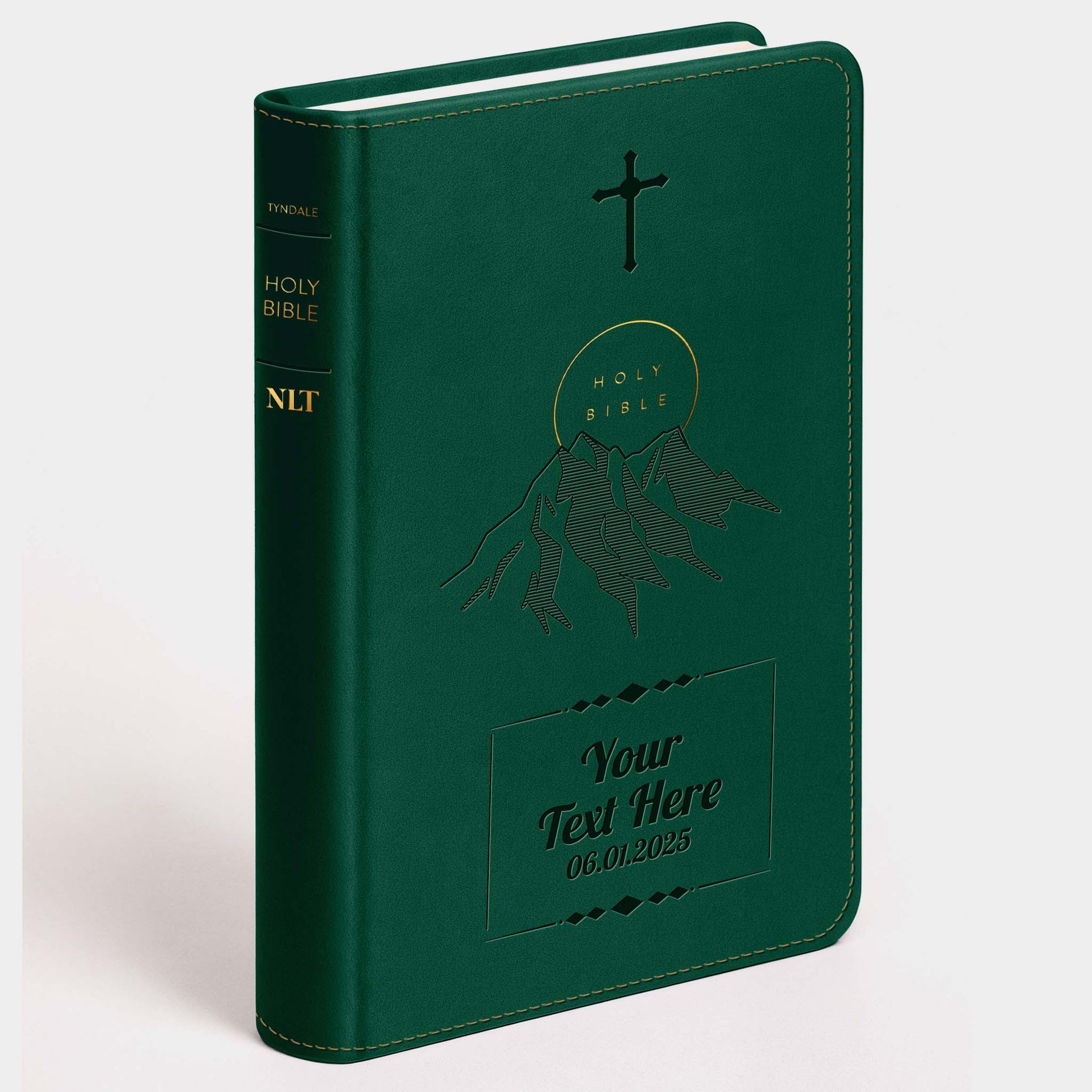 Personalized NLT Evergreen Mountain Bible - Engraved Cross Frame