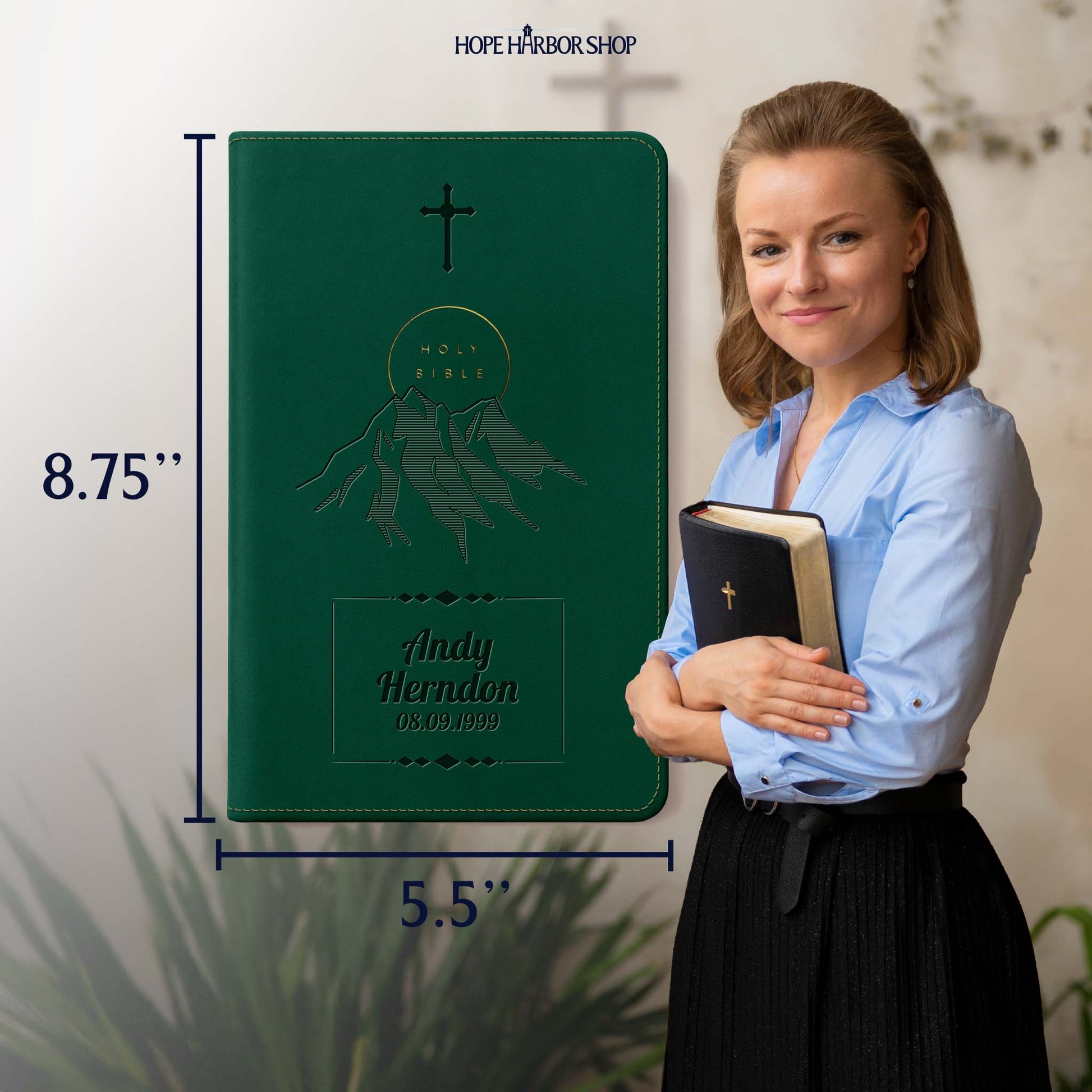 Personalized NLT Evergreen Mountain Bible - Engraved Cross Frame