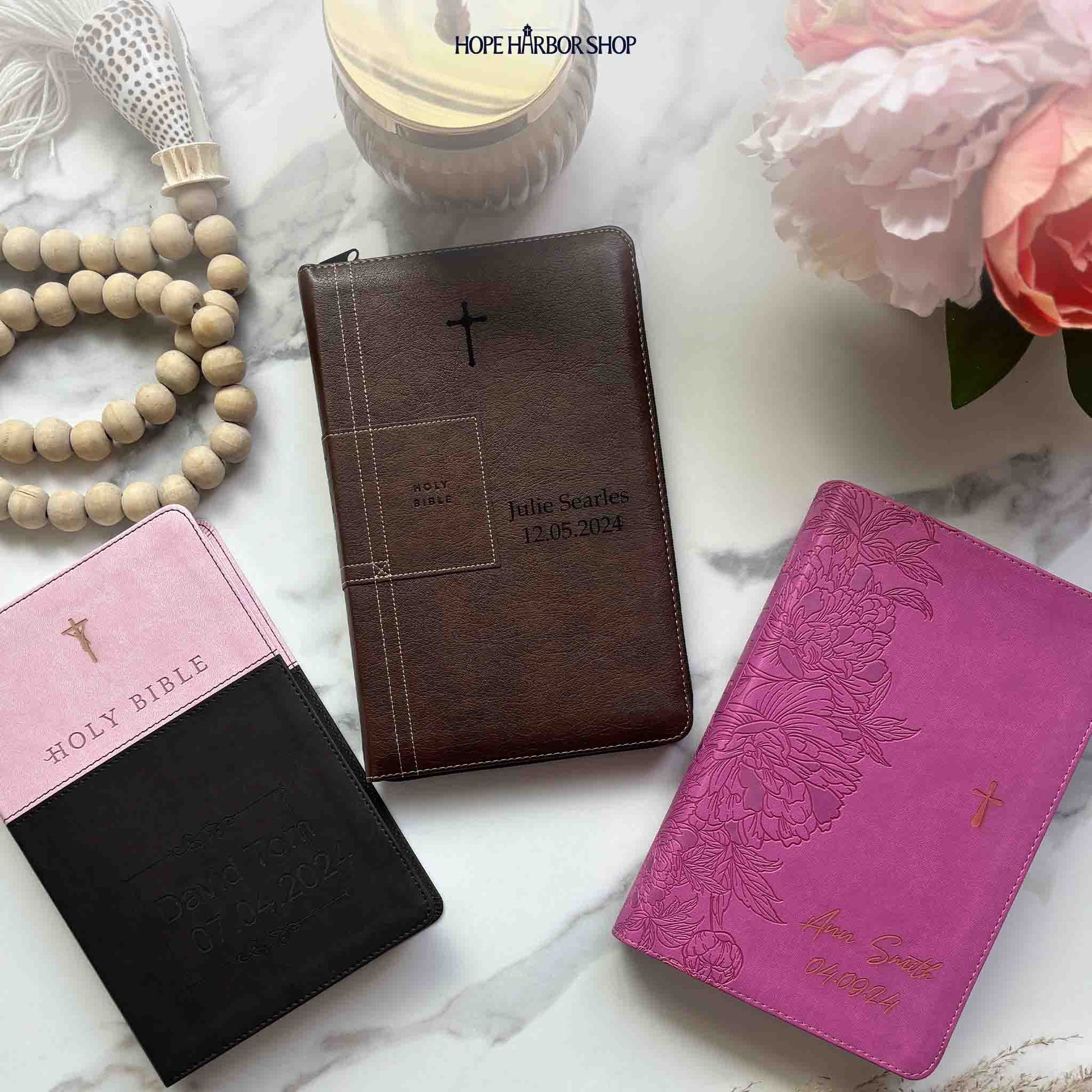 Personalized Large Print KJV Bible - Black Thinline - Engraved Cross Floral Frame