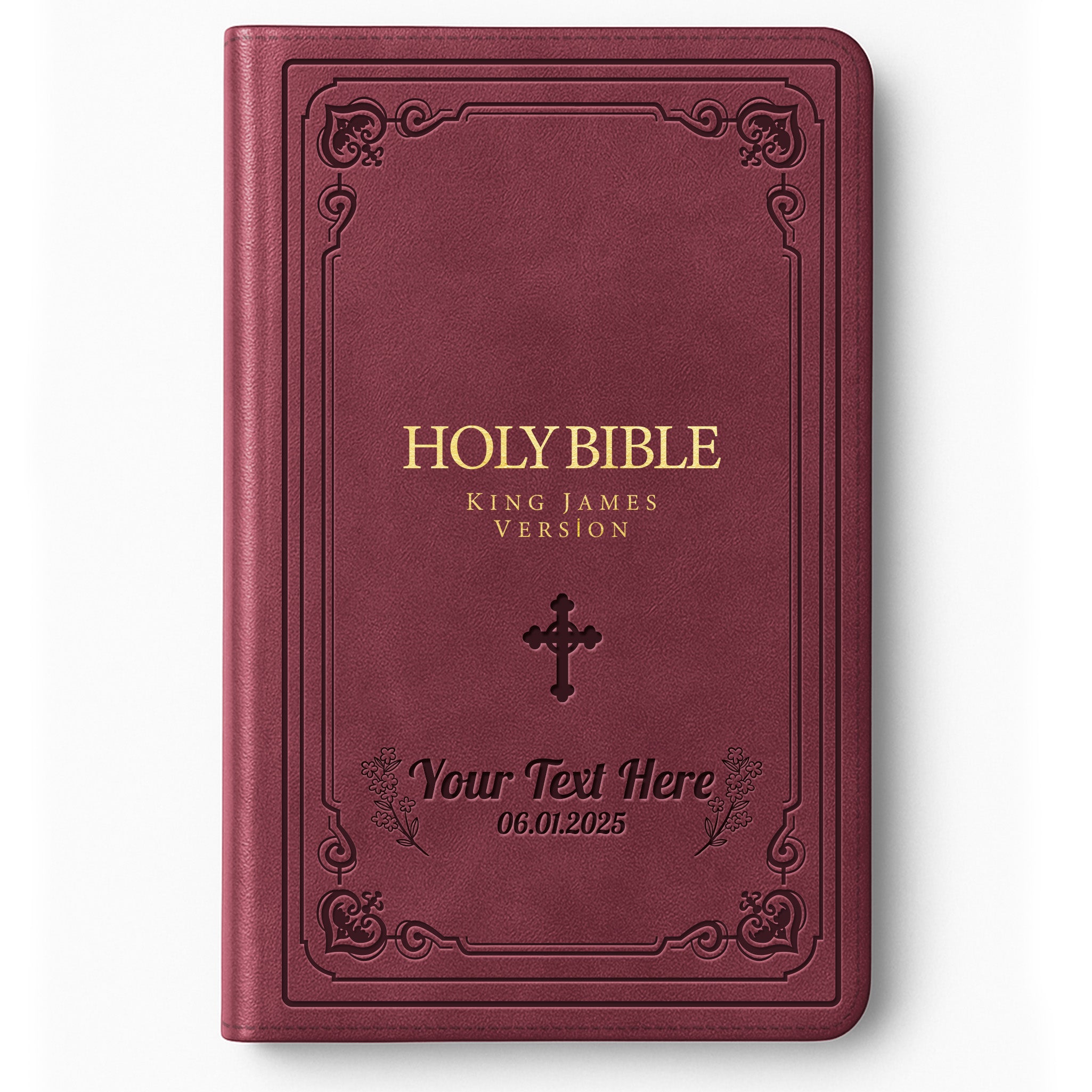 Personalized Large Print KJV Bible - Burgundy Thinline - Engraved Cross Floral Frame