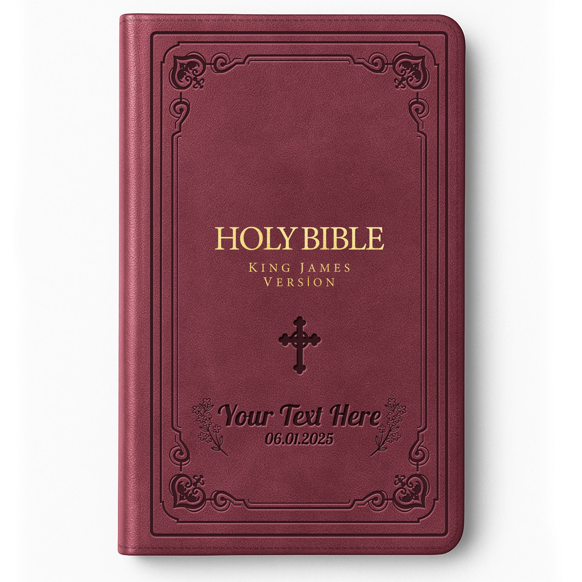 Personalized Large Print KJV Bible - Burgundy Thinline - Engraved Cross Floral Frame