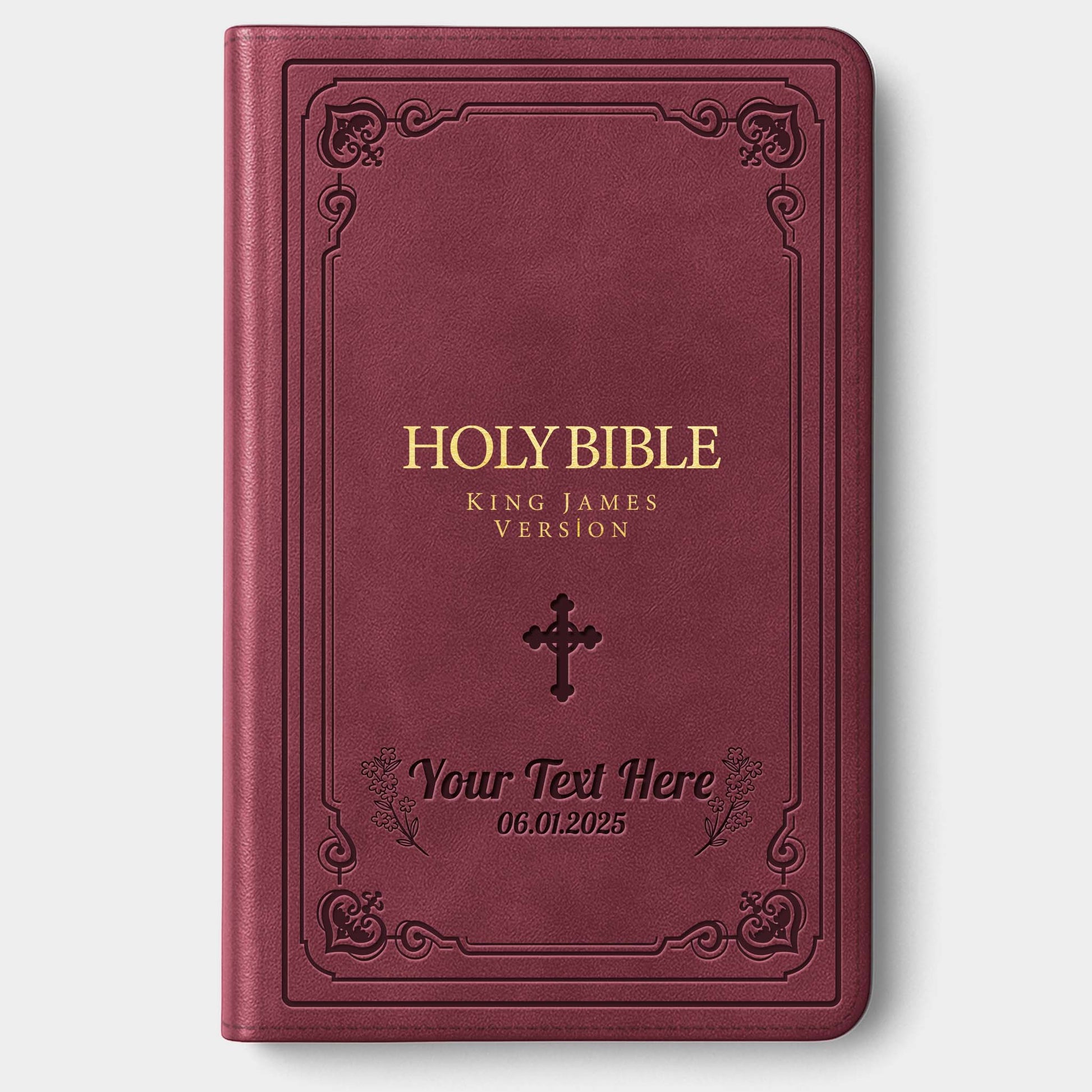 Personalized Large Print KJV Bible - Burgundy Thinline - Engraved Cross Floral Frame