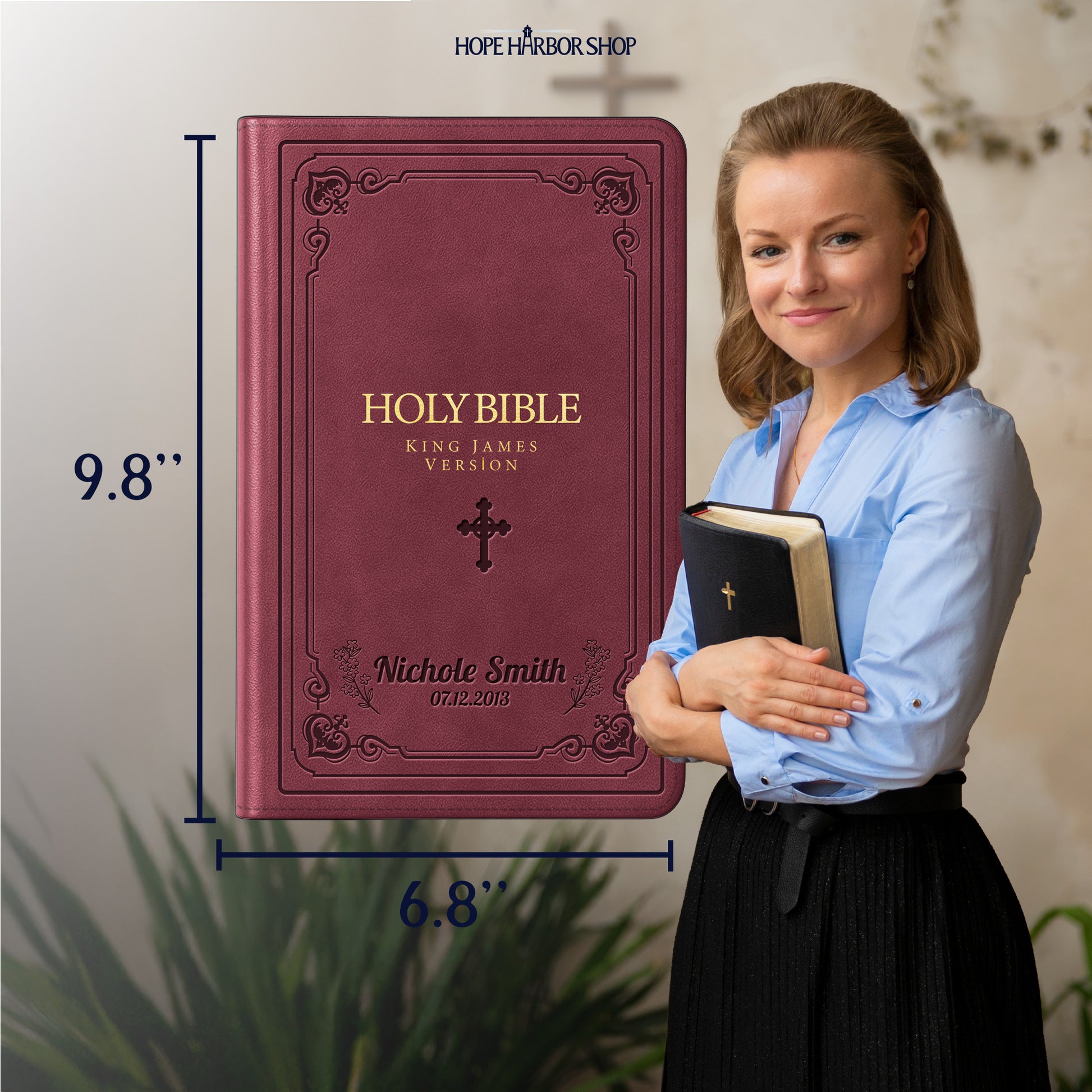 Personalized Large Print KJV Bible - Burgundy Thinline - Engraved Cross Floral Frame