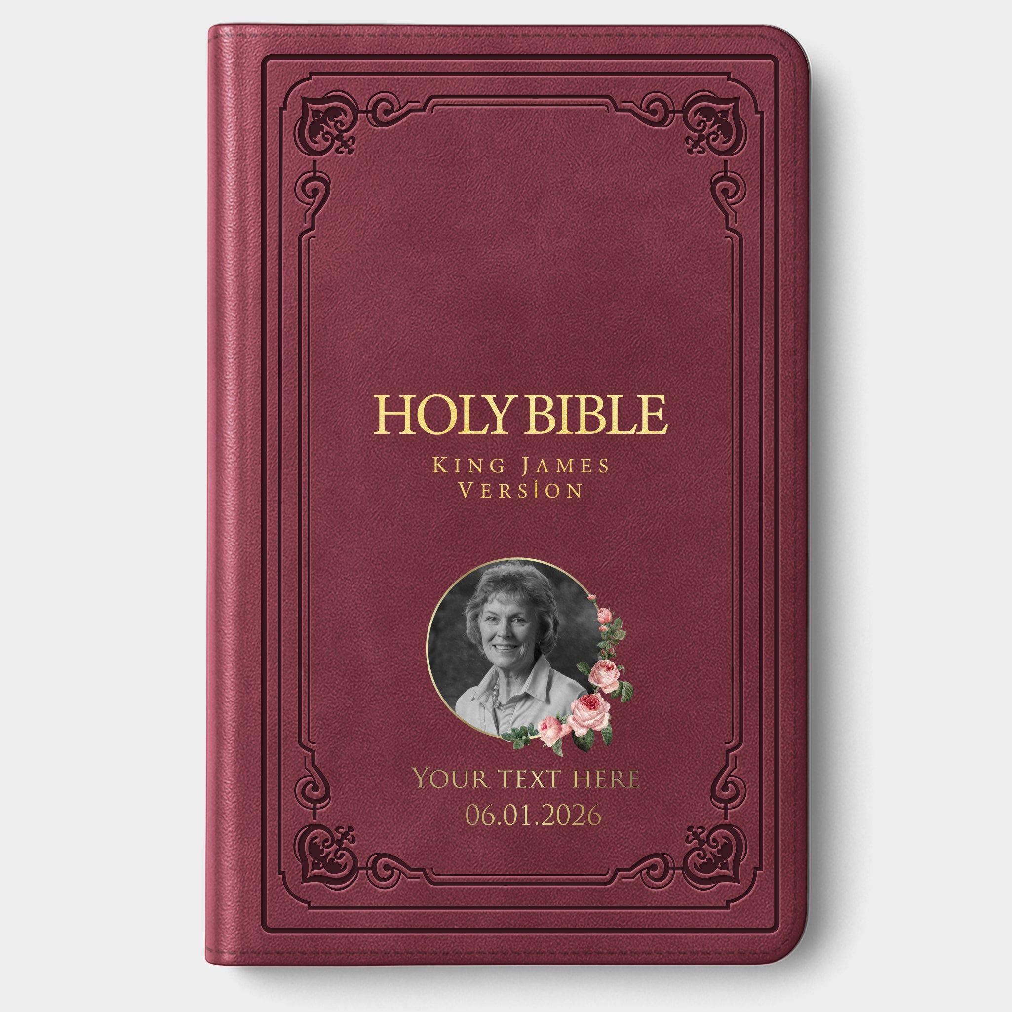 Personalized Large Print KJV Bible, Burgundy Thinline - Memorial Bible Photo & Text - Red Letter