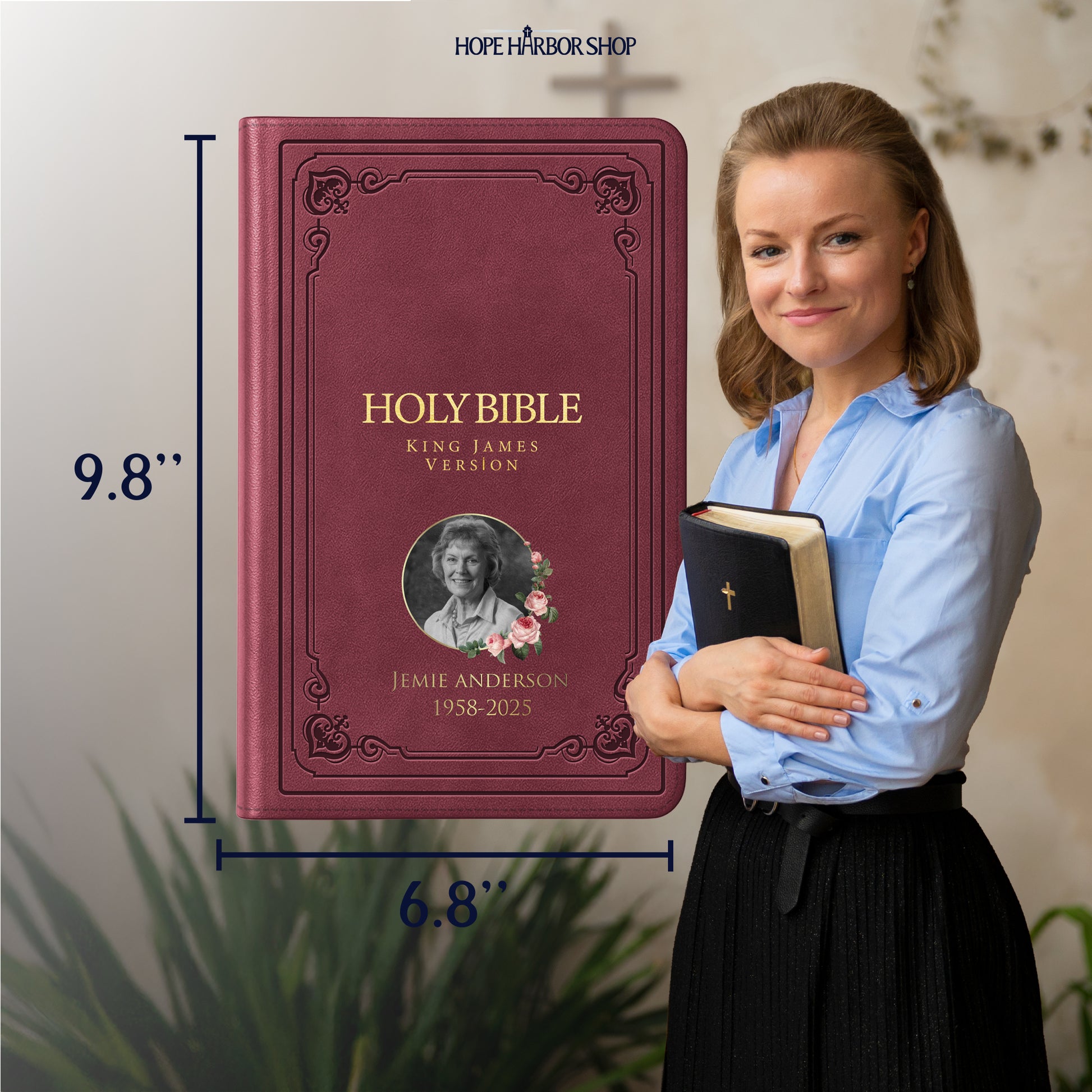 Personalized Large Print KJV Bible, Burgundy Thinline - Memorial Bible Photo & Text - Red Letter