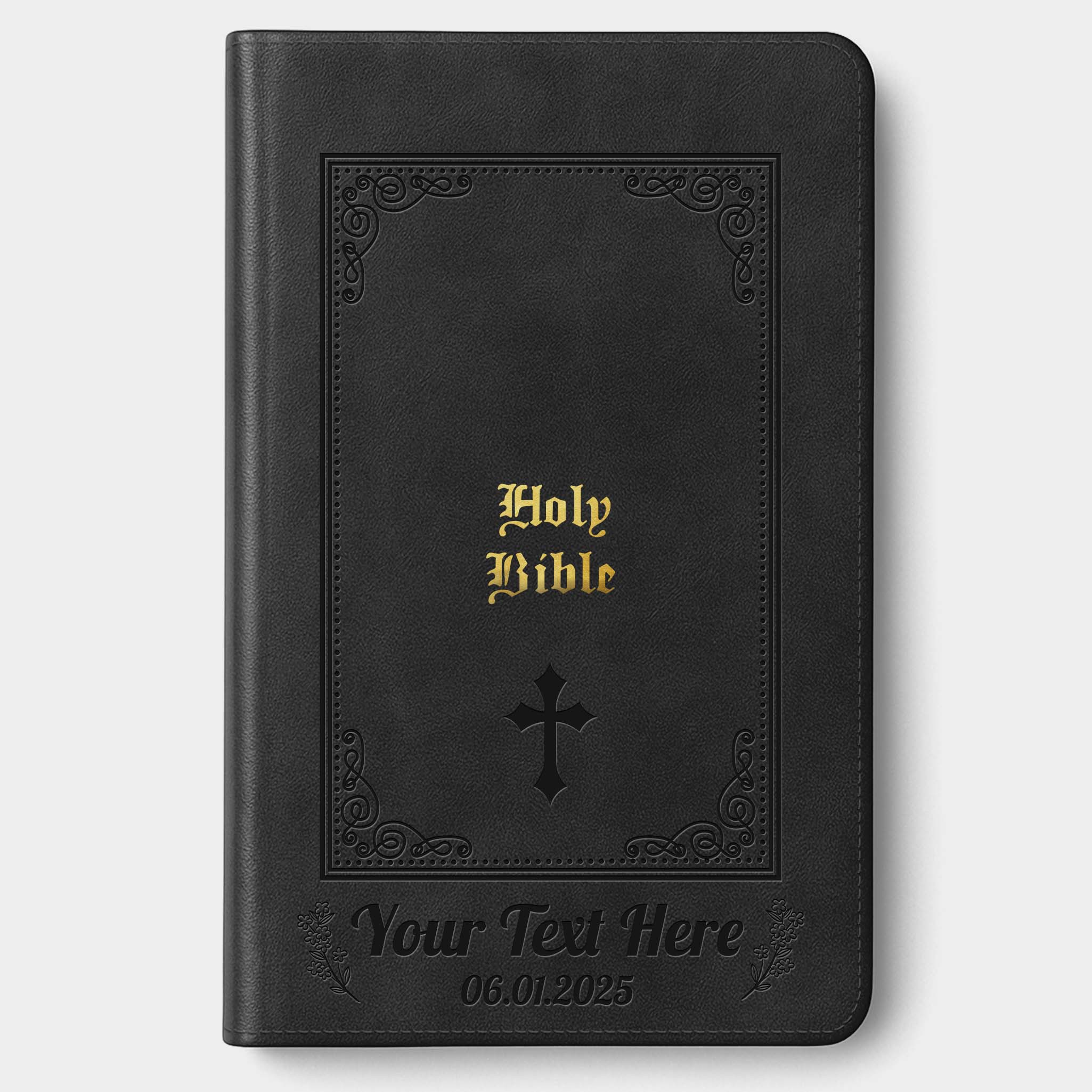 Personalized Large Print KJV Bible - Black Thinline - Engraved Cross Floral Frame