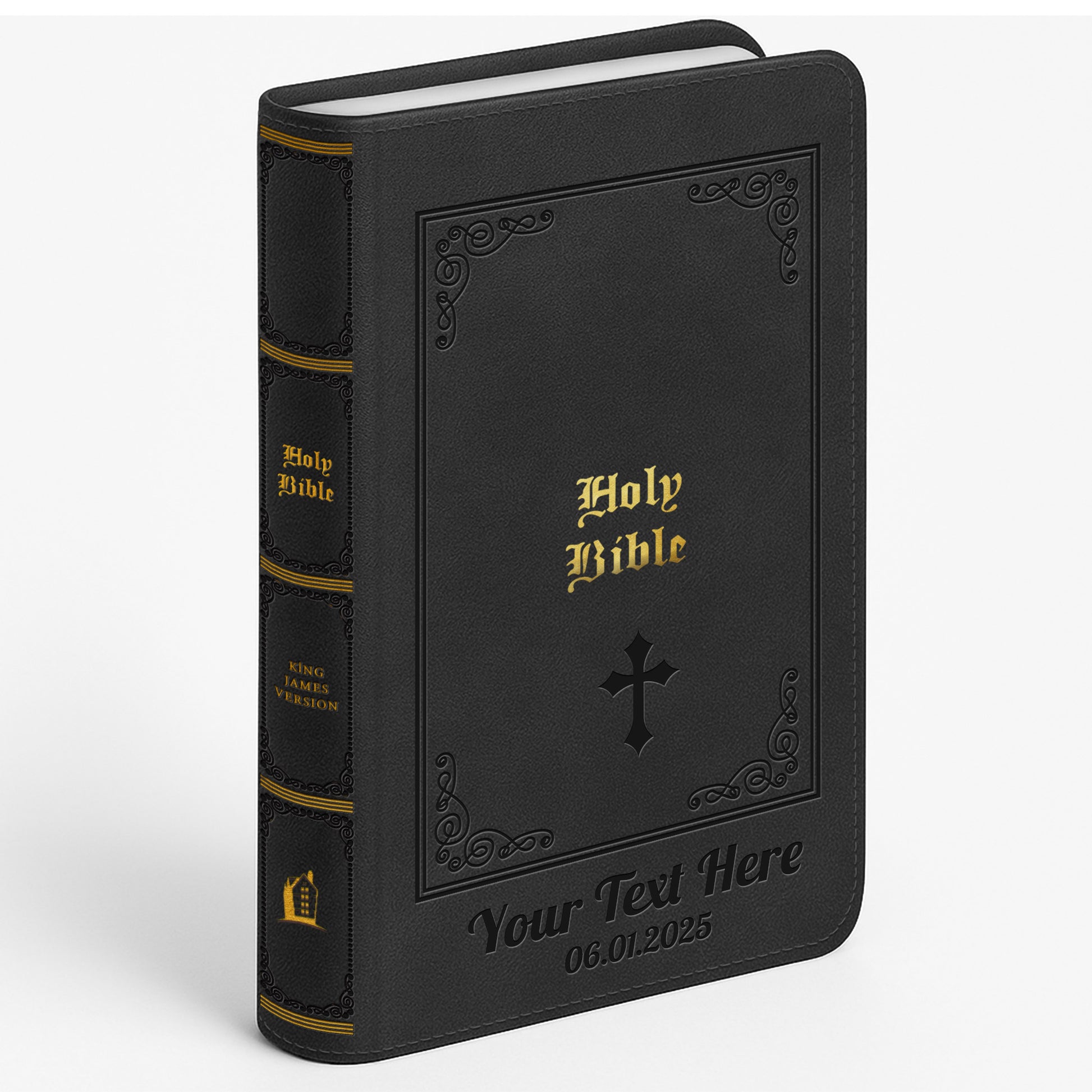 Personalized Large Print KJV Bible - Black Thinline - Engraved Cross Floral Frame