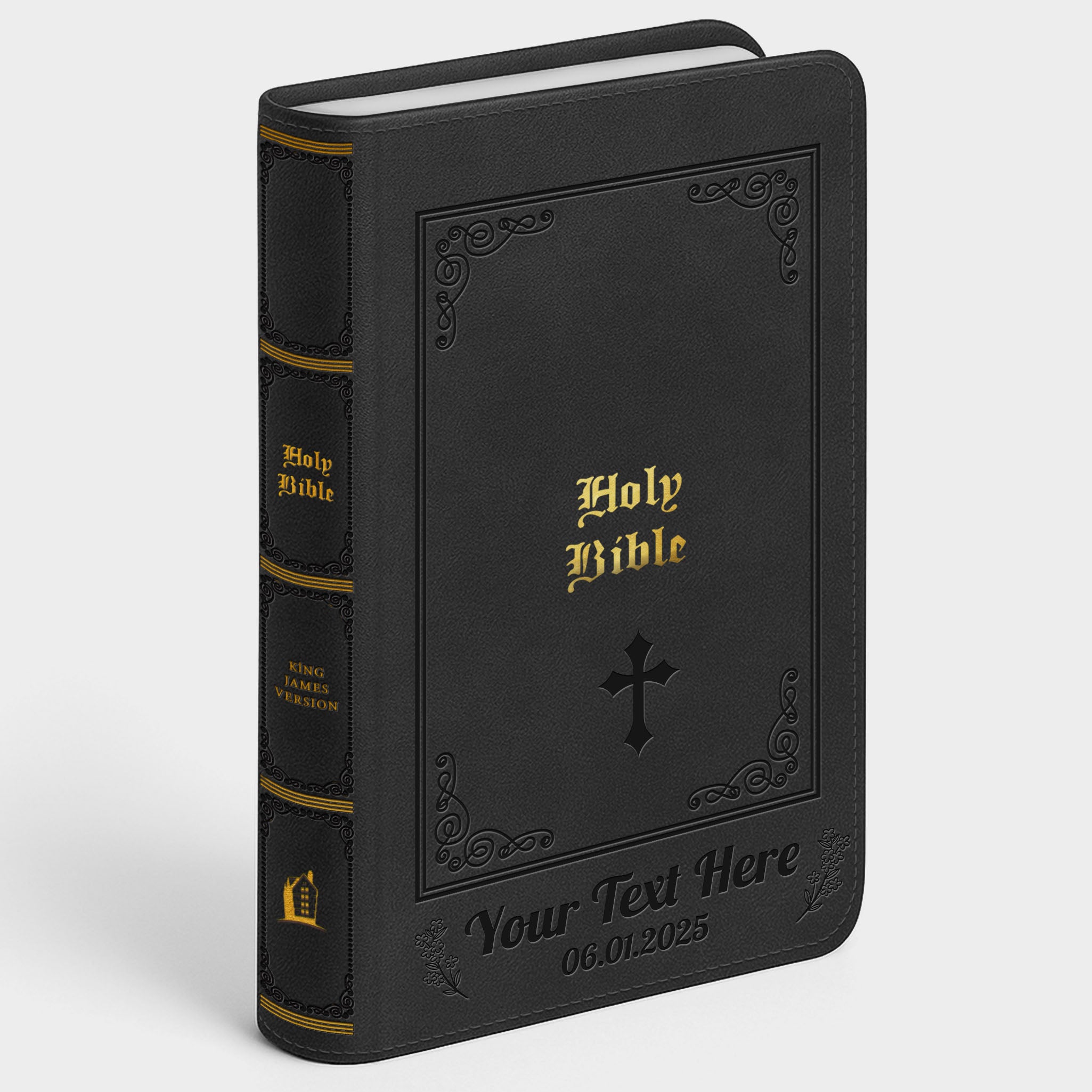 Personalized Large Print KJV Bible - Black Thinline - Engraved Cross Floral Frame