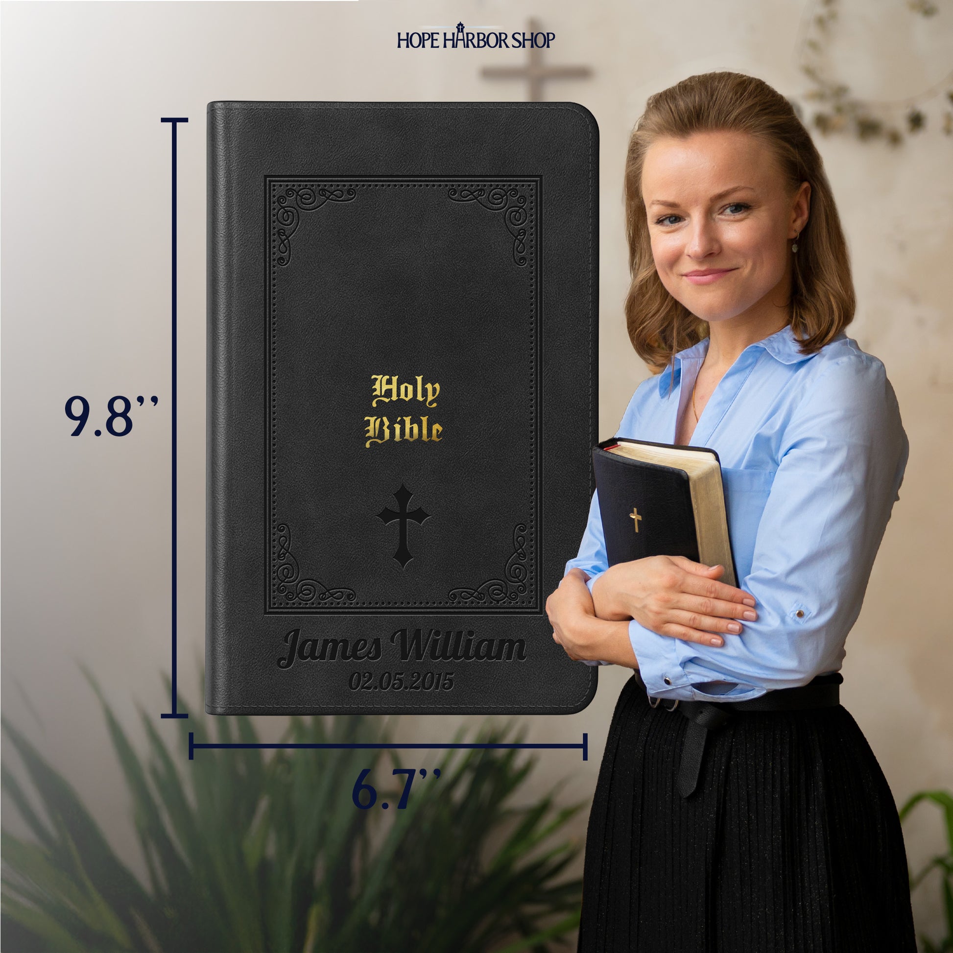Personalized Large Print KJV Bible - Black Thinline - Engraved Cross Floral Frame