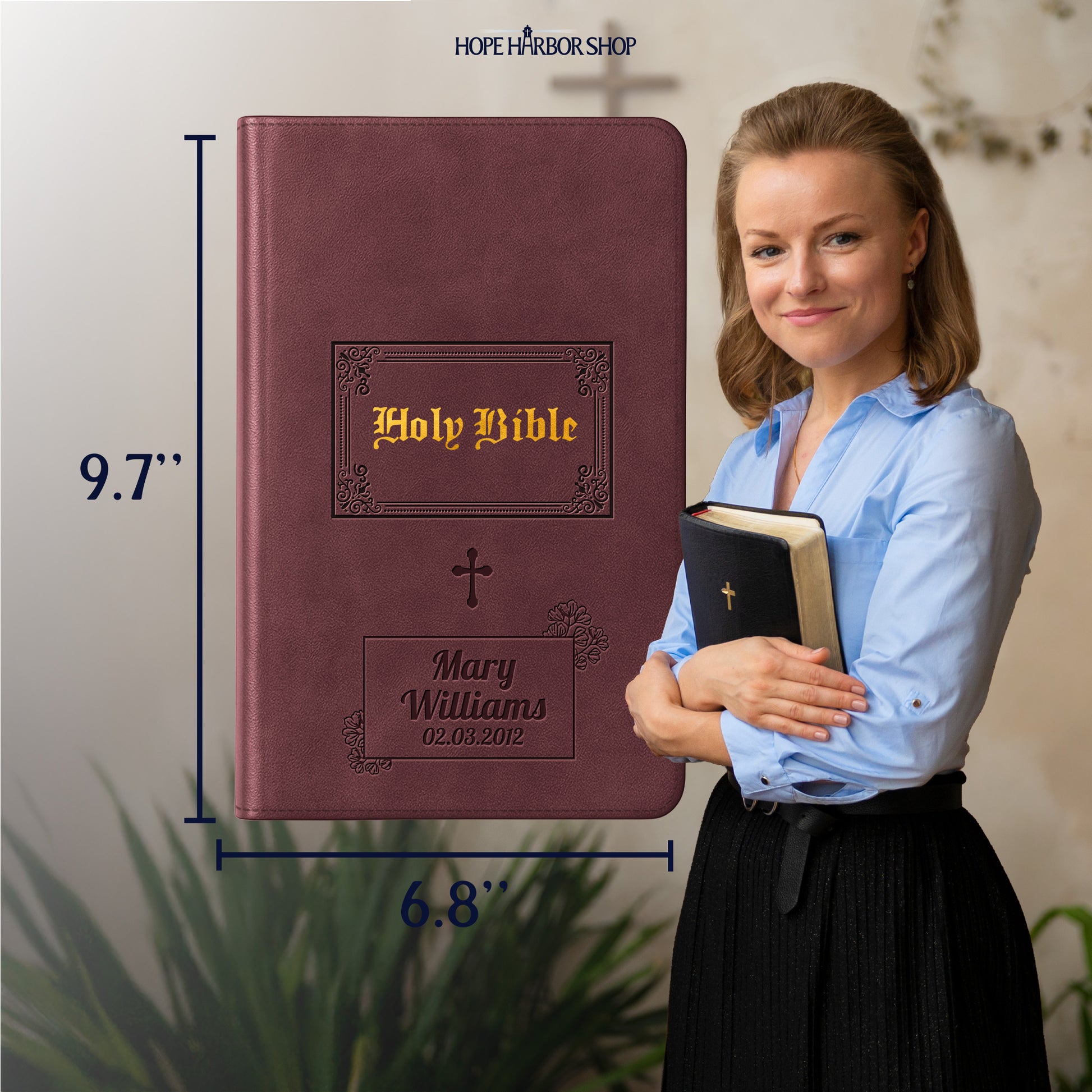 Personalized Large Print KJV Bible - Brown Thinline - Engraved Cross Floral Frame