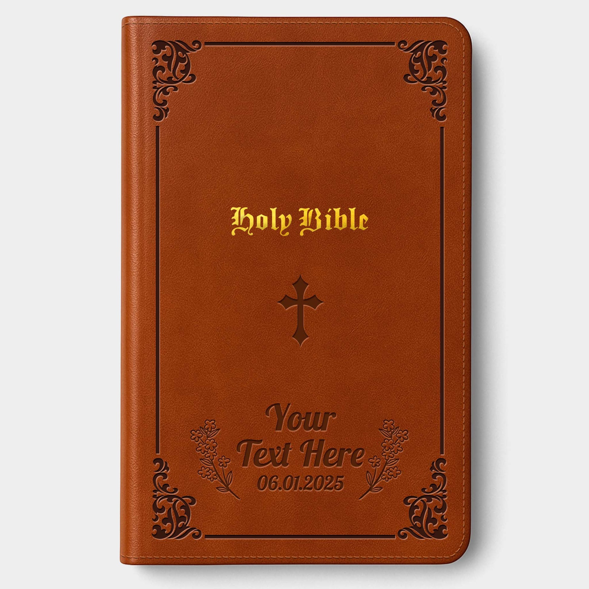 Personalized KJV Bible Tan - Engraved Cross Floral Frame