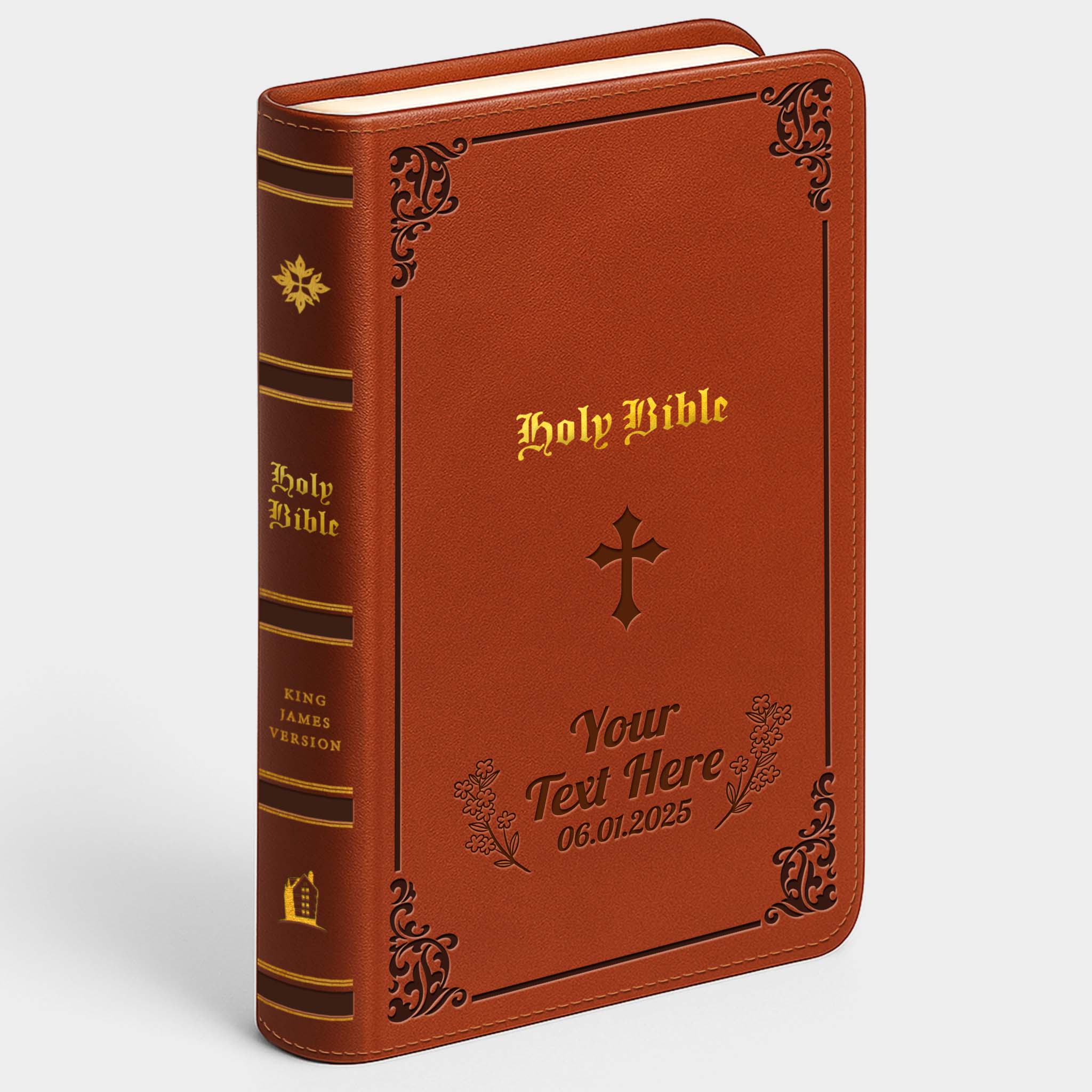 Personalized KJV Bible Tan - Engraved Cross Floral Frame