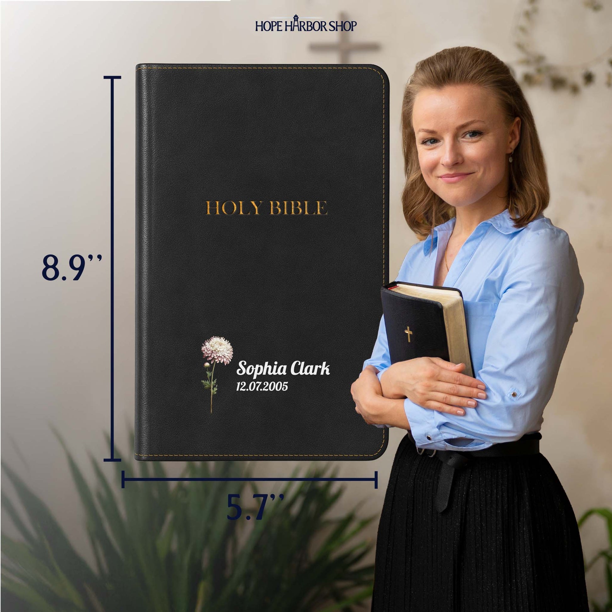 Personalized KJV Bible Black Thinline - Birth Flower - Red Letter