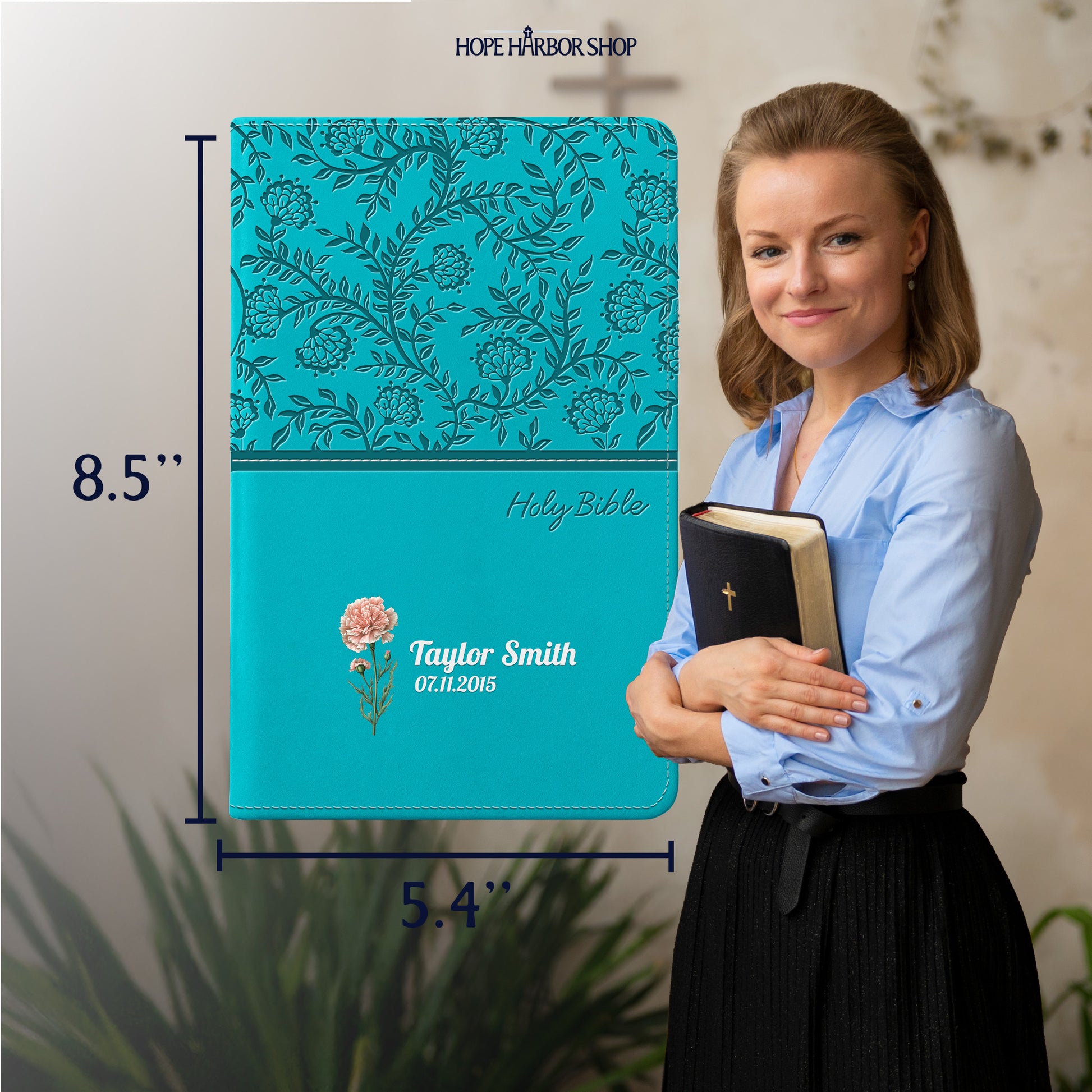 Personalized KJV Bible Turquoise - Birth Flower - Red Letter