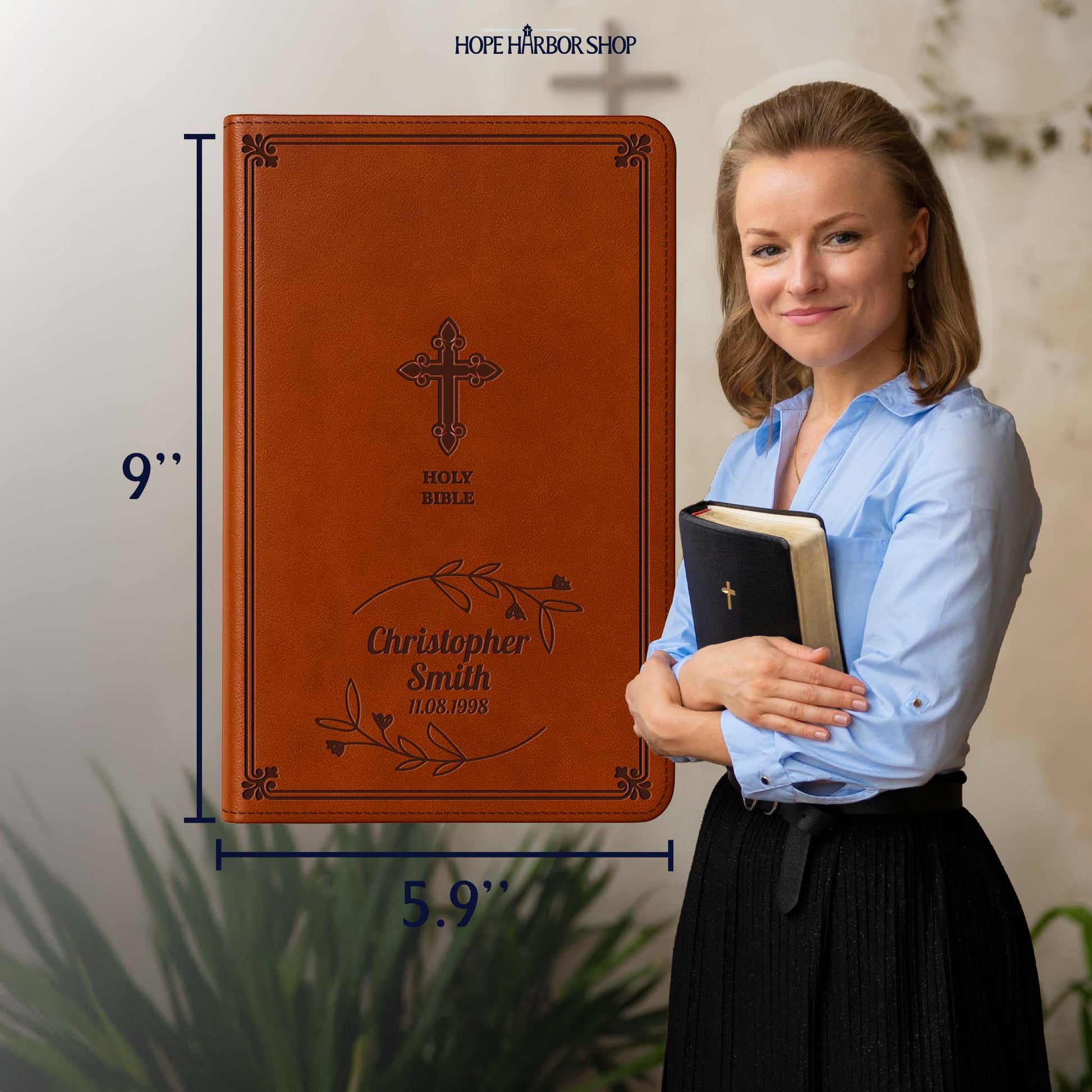 Personalized KJV Bible Chestnut Thinline - Engraved Cross Floral Frame