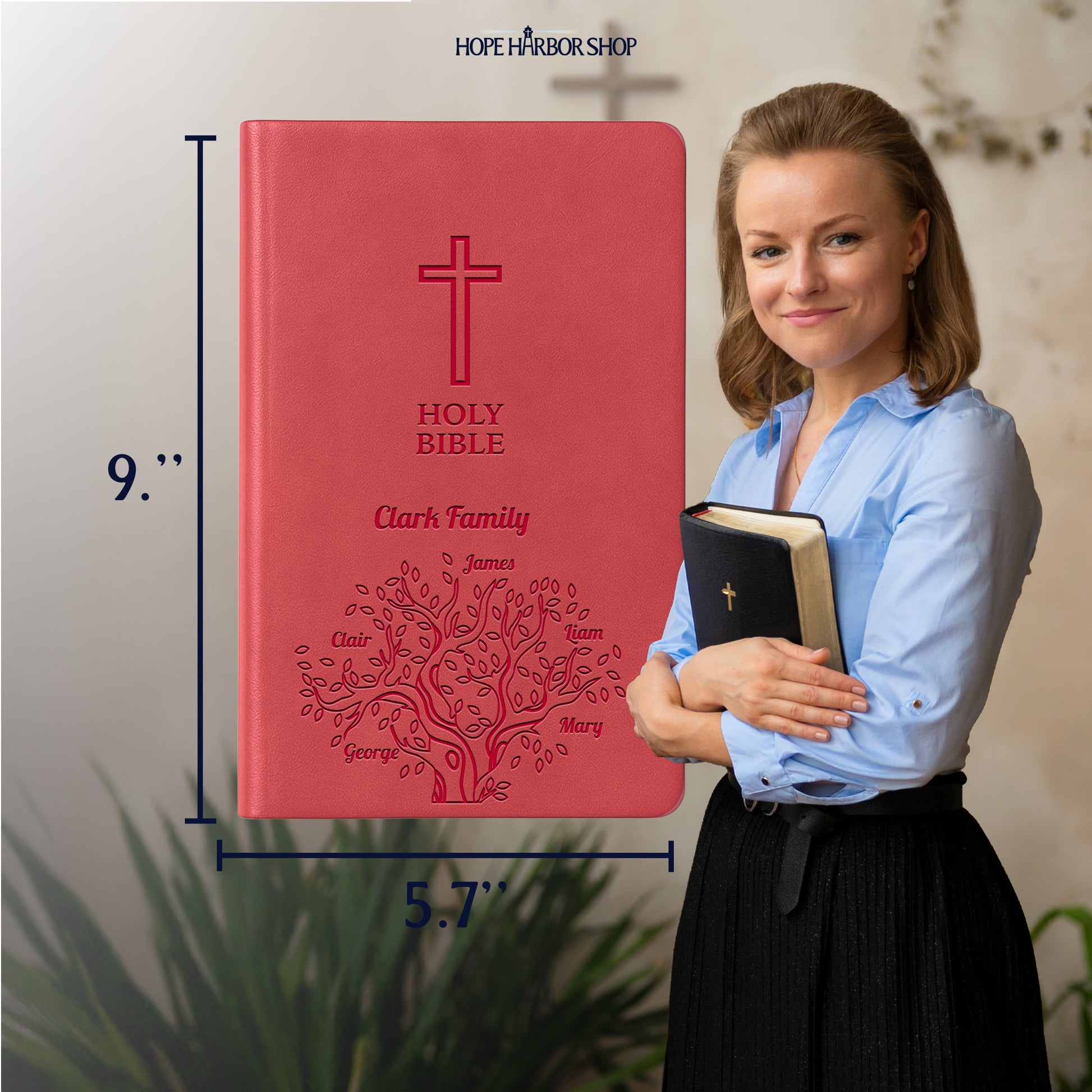 Personalized KJV Bible Pink Value Thinline - Red Letter - Engraved Family Tree