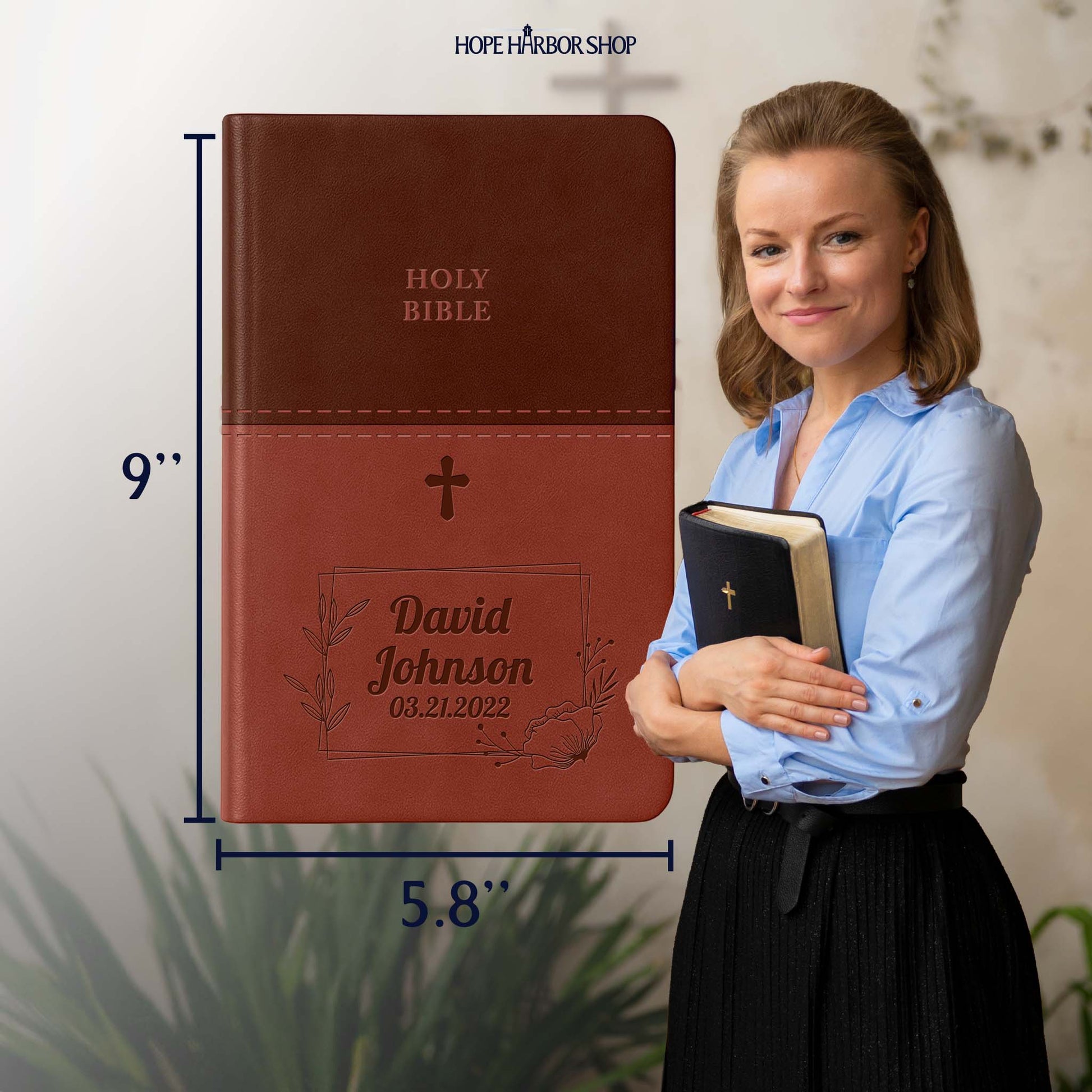 Personalized KJV Bible Brown Thinline - Engraved Cross Frame