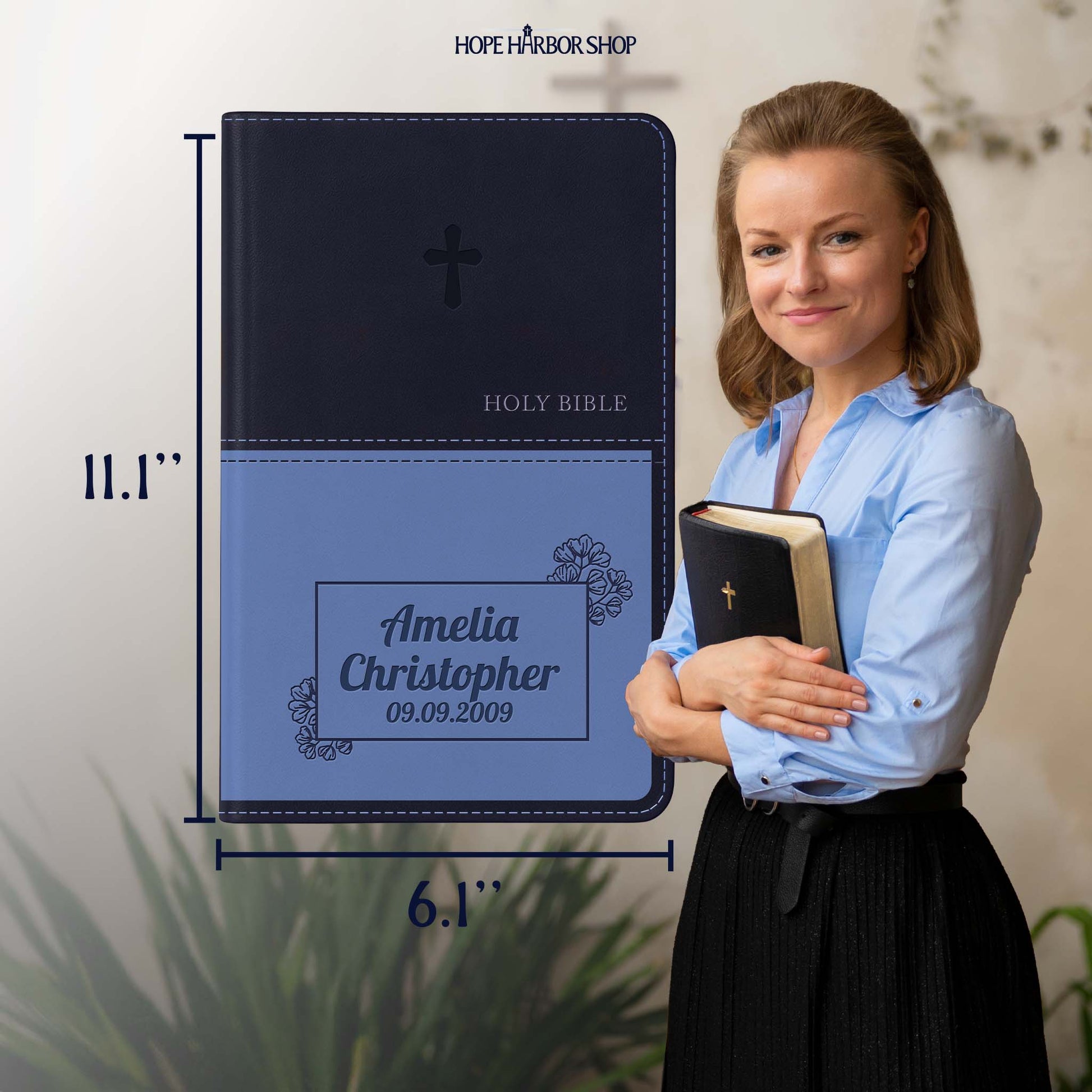 Personalized KJV Bible Navy Thinline - Engraved Cross Frame
