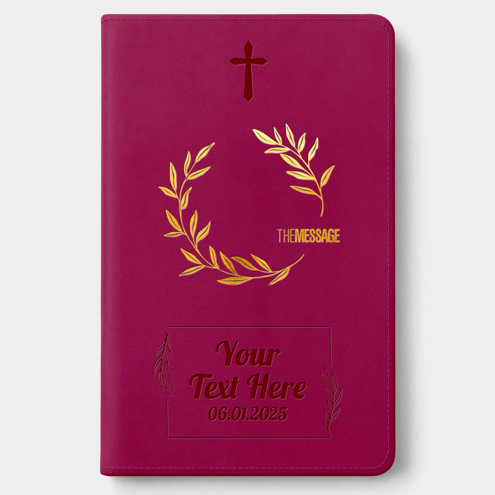 Personalized The Message Large Print Bible - Cranberry Laurels - Engraved Cross Frame