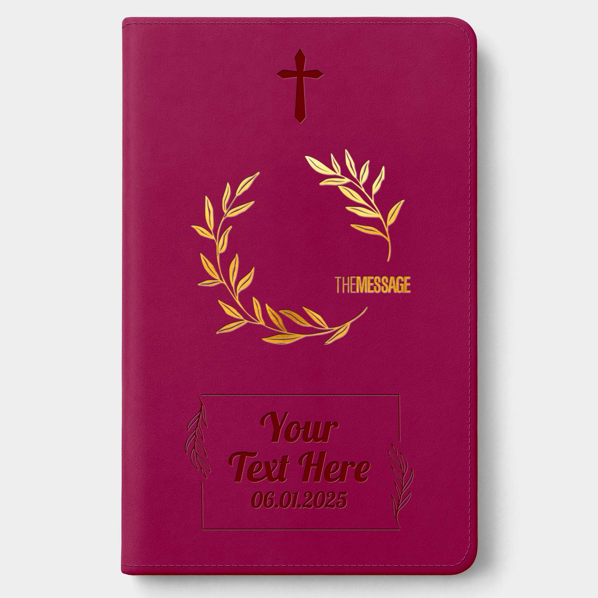 Personalized The Message Large Print Bible - Cranberry Laurels - Engraved Cross Frame