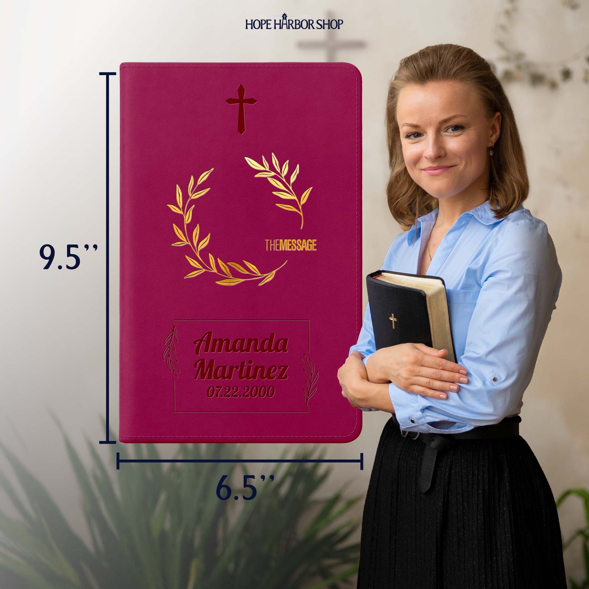 Personalized The Message Large Print Bible - Cranberry Laurels - Engraved Cross Frame