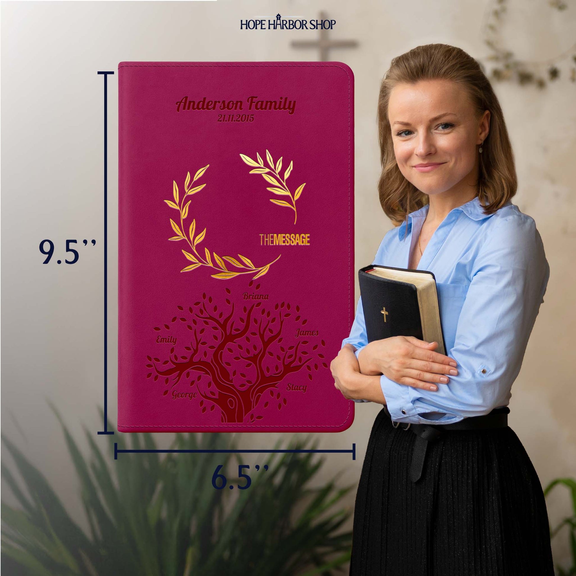 Personalized The Message Large Print Bible - Cranberry Laurels - Engraved Family Tree