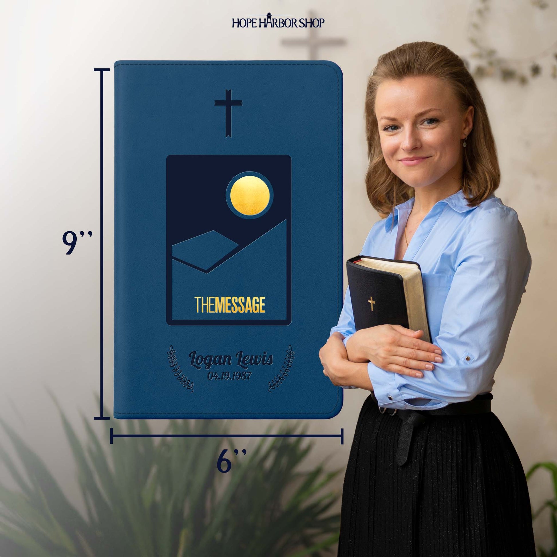 Personalized The Message Large Print Bible - Midnight Journey - Engraved Cross Frame