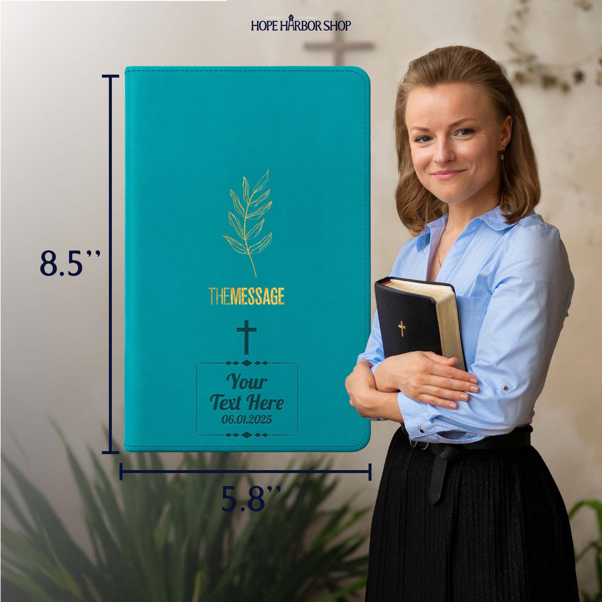 Personalized The Message Hosanna Teal Deluxe Bible - Engraved Cross Frame