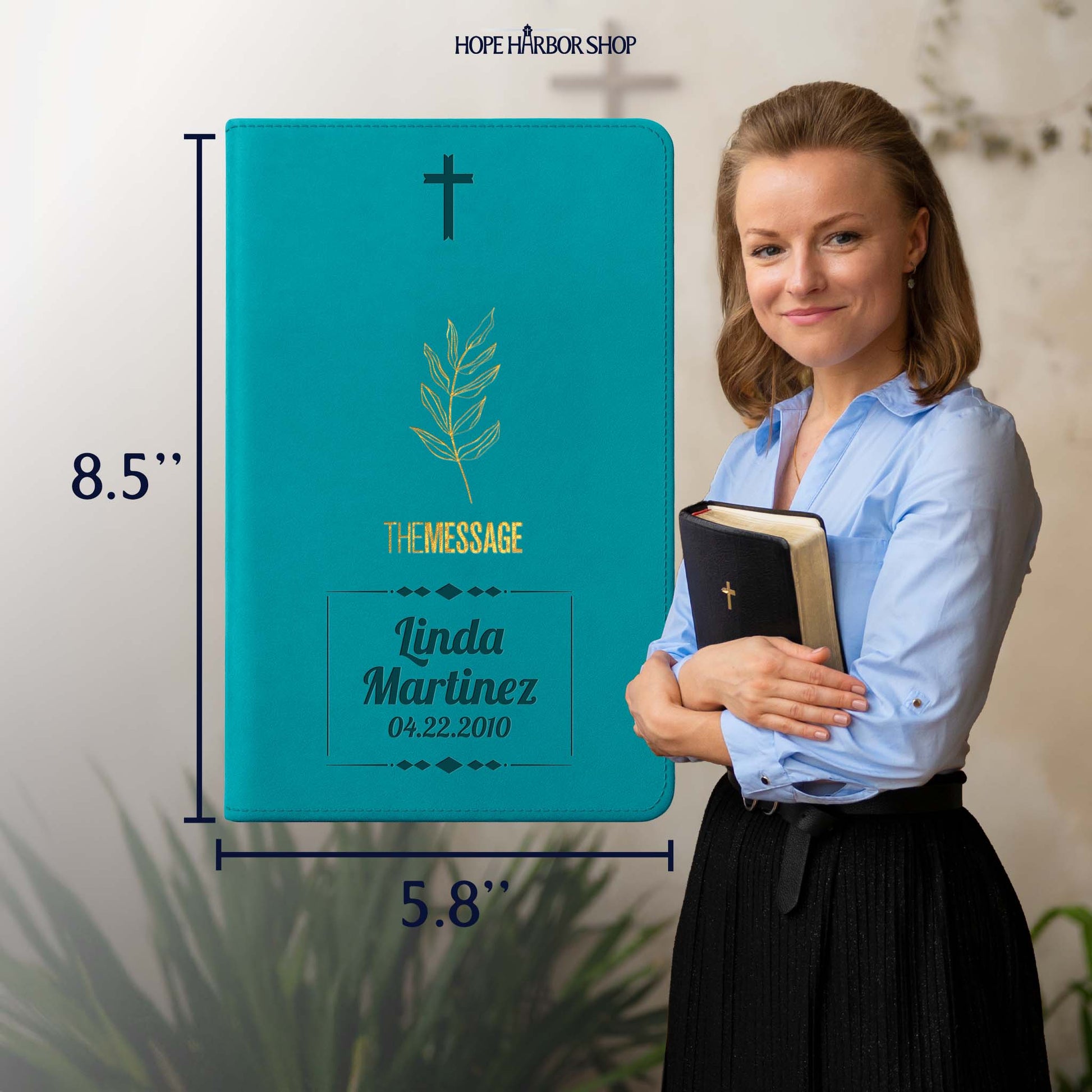 Personalized The Message Hosanna Teal Deluxe Bible - Engraved Cross Frame