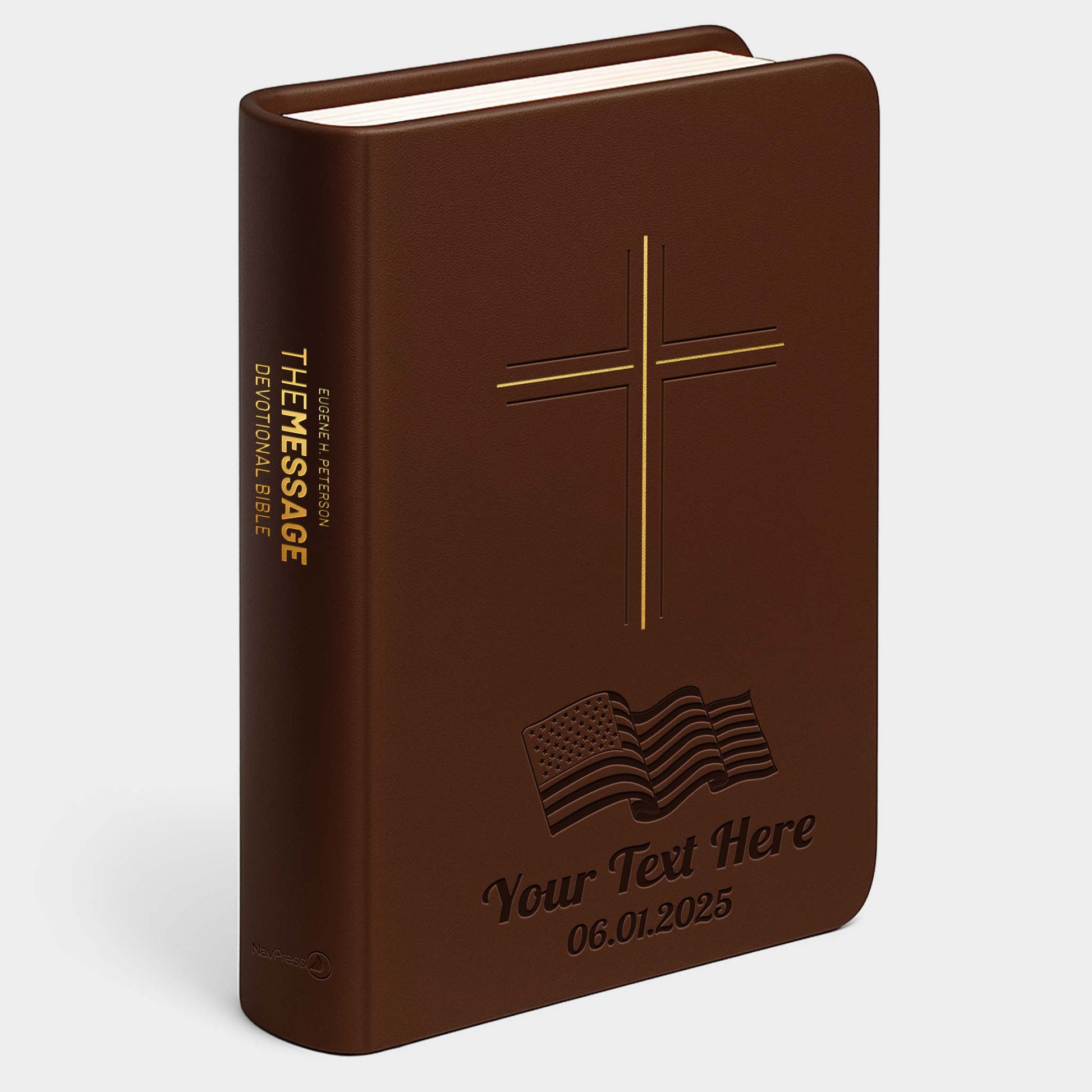 Personalized The Message Brown Bible - Engraved Cross USA Patriotic