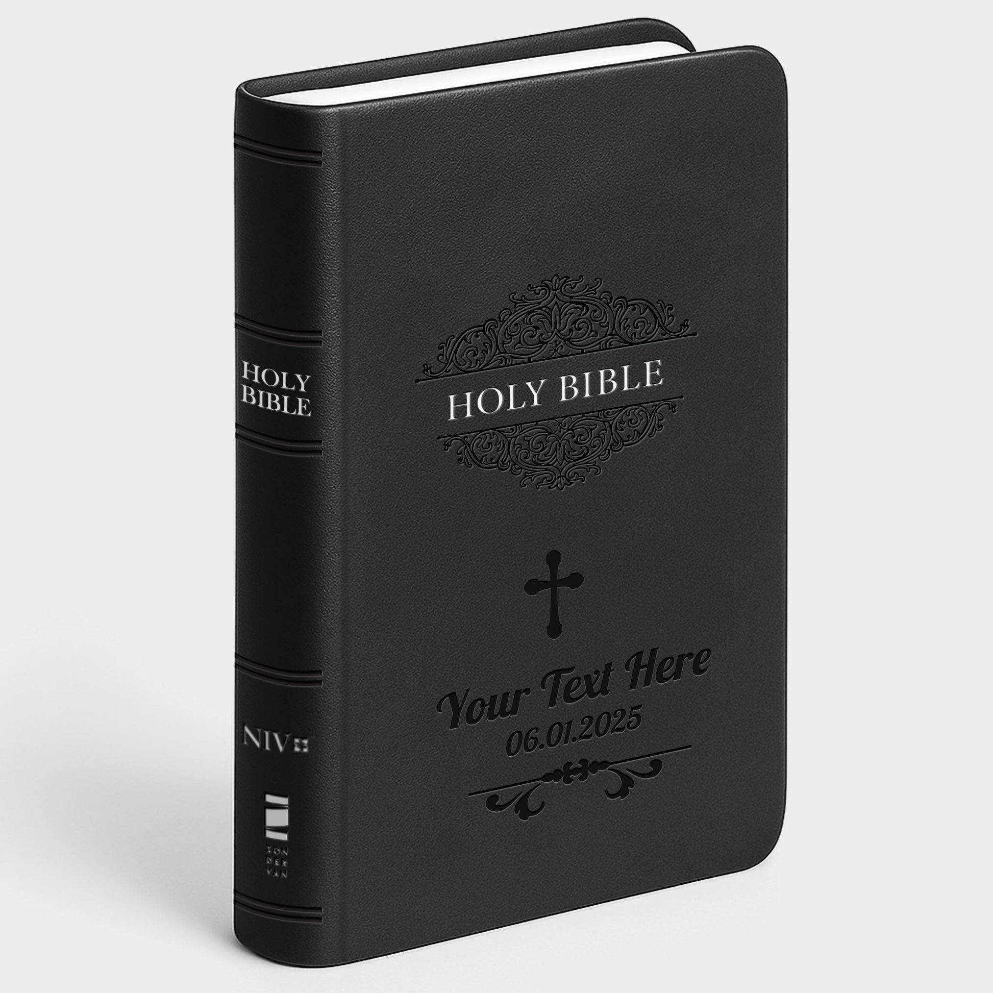 Personalized NIV Bible Black - Engraved Cross Floral Frame