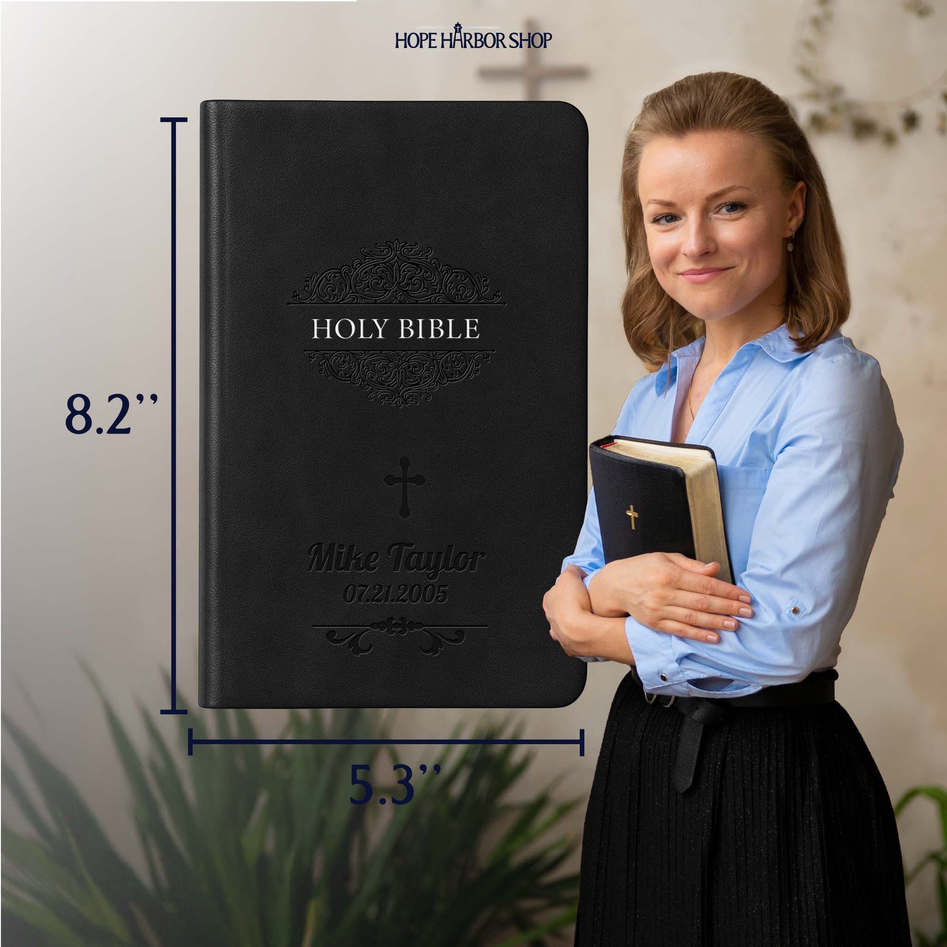 Personalized NIV Bible Black - Engraved Cross Floral Frame