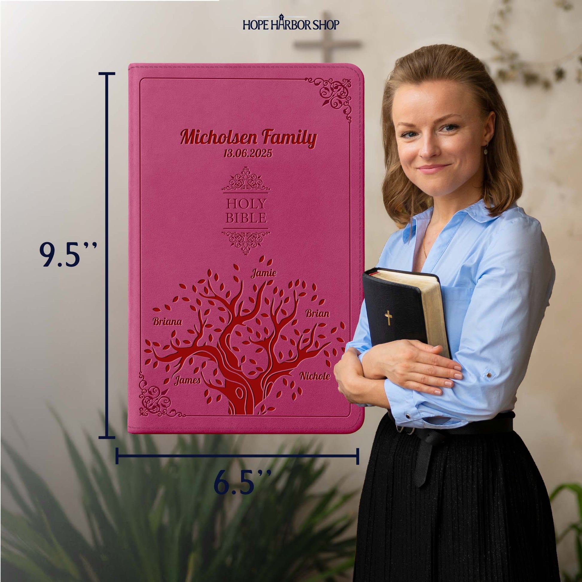 Personalized NIV Bible Large Print - Pink Thinline - Engraved Family Tree