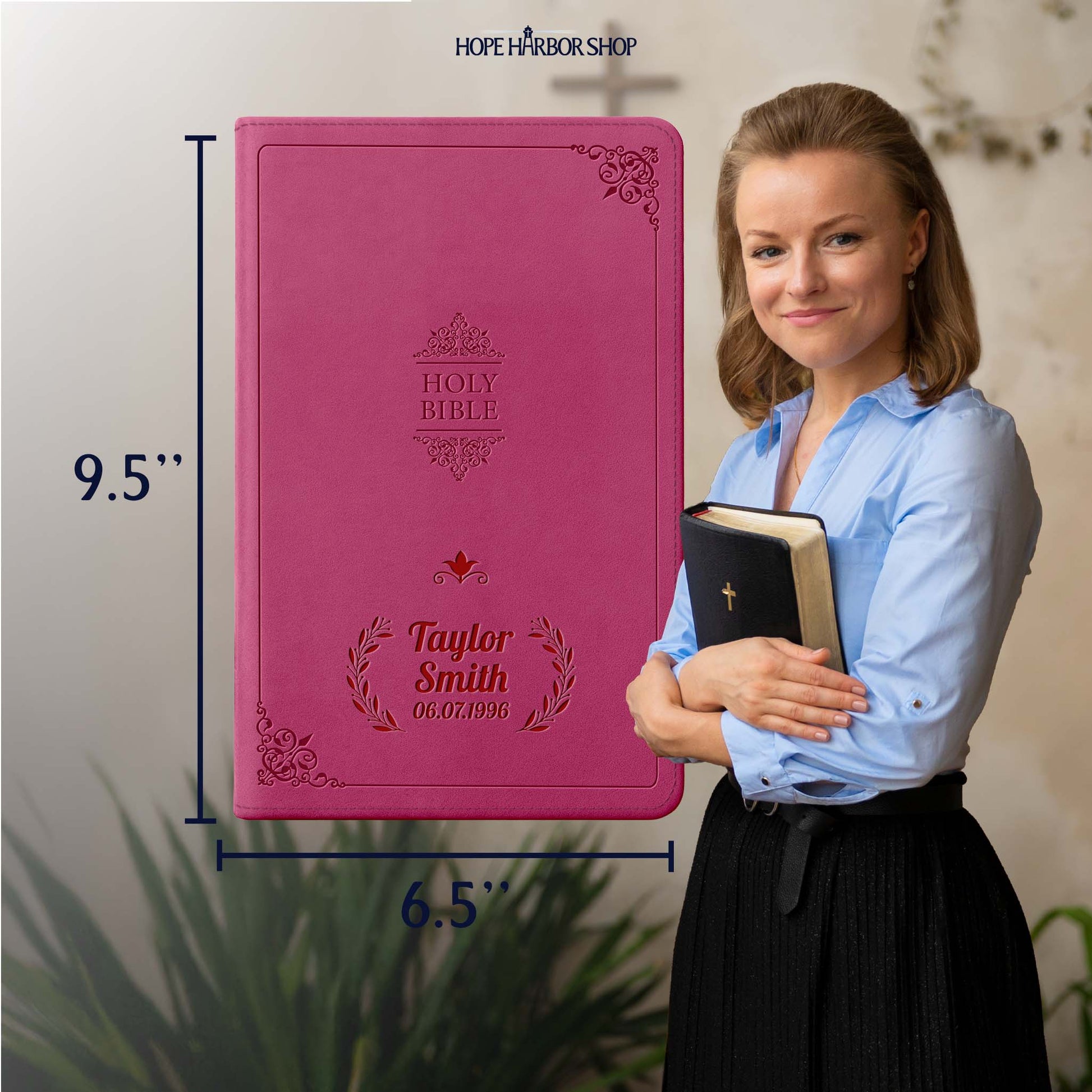 Personalized NIV Bible Pink Thinline - Engraved Cross Floral Frame