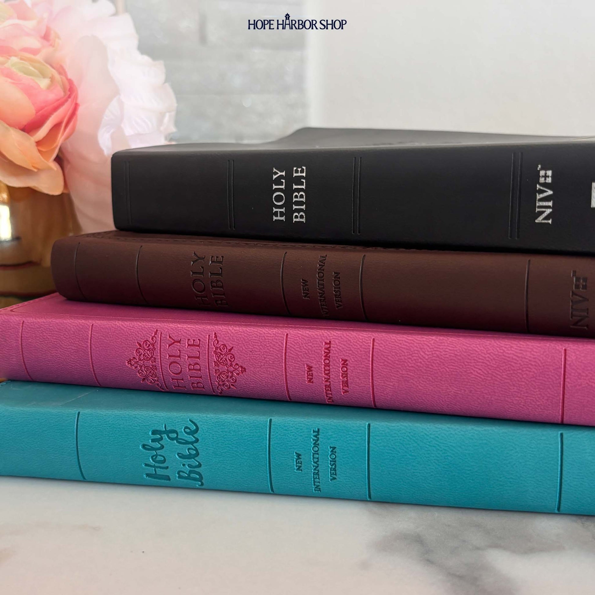 Personalized NIV Bible Teal Thinline - Engraved Cross Floral Frame
