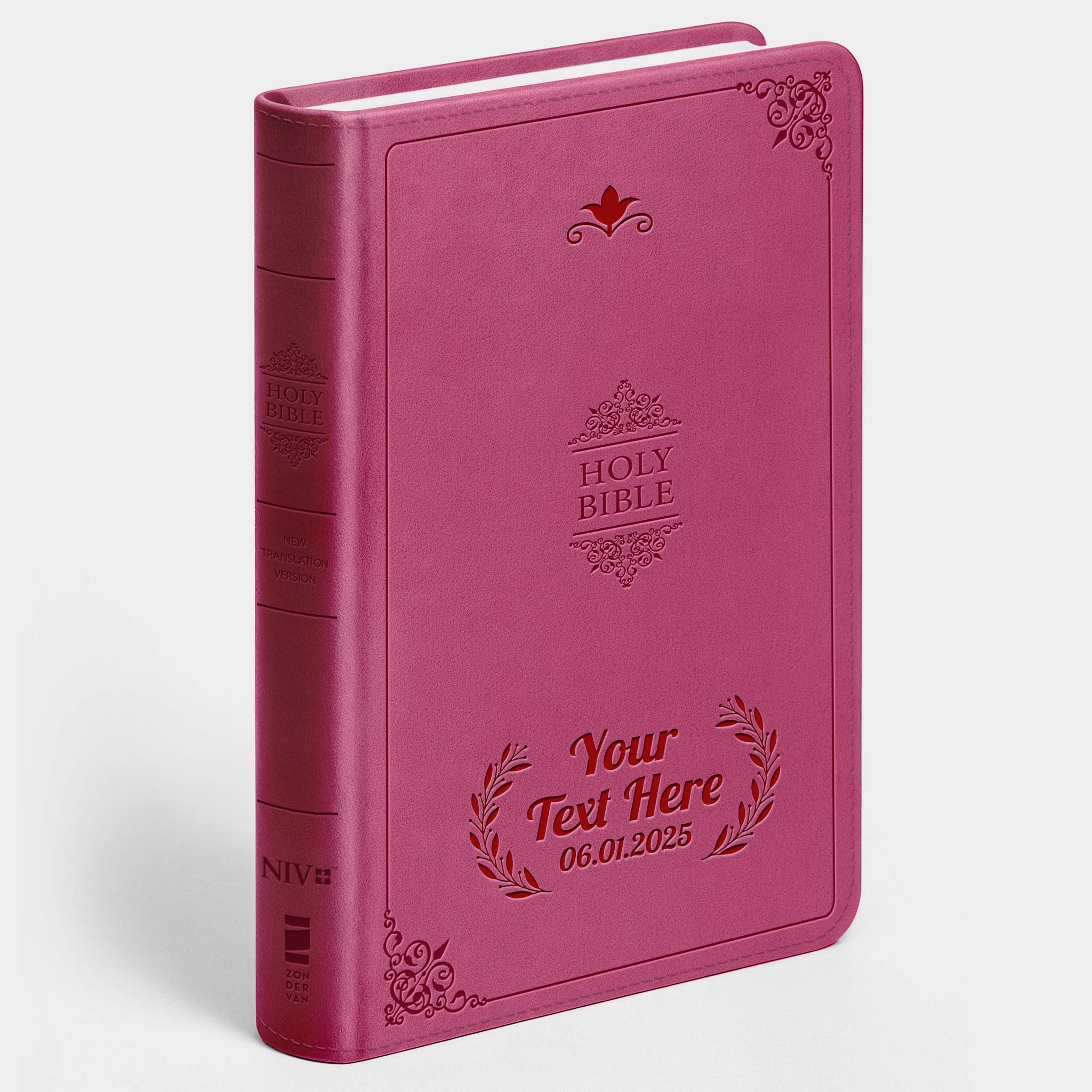 Personalized NIV Bible Pink Thinline - Engraved Cross Floral Frame