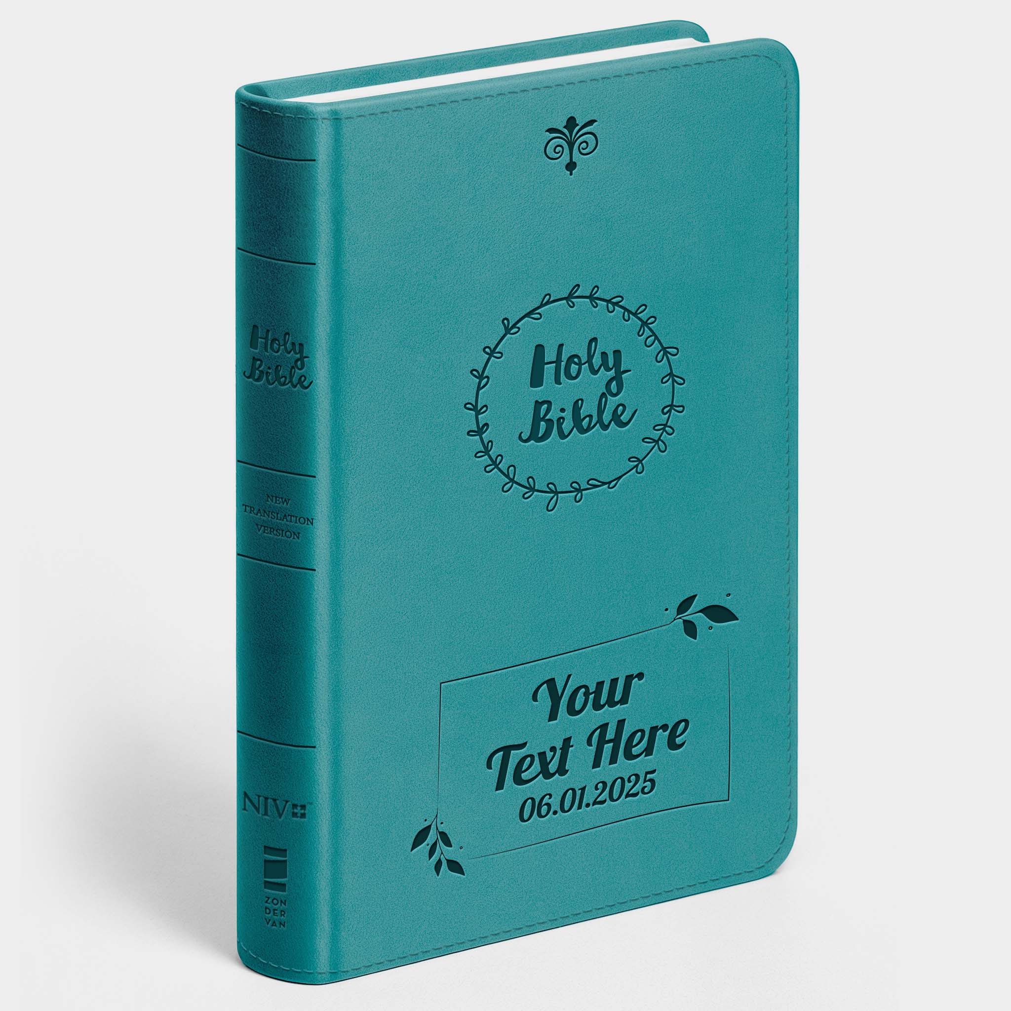 Personalized NIV Bible Teal Thinline - Engraved Cross Floral Frame