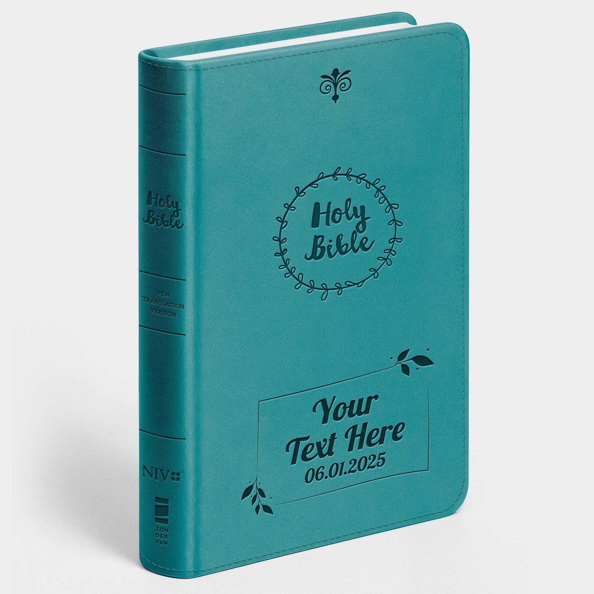 Personalized NIV Bible Teal Thinline - Engraved Cross Floral Frame